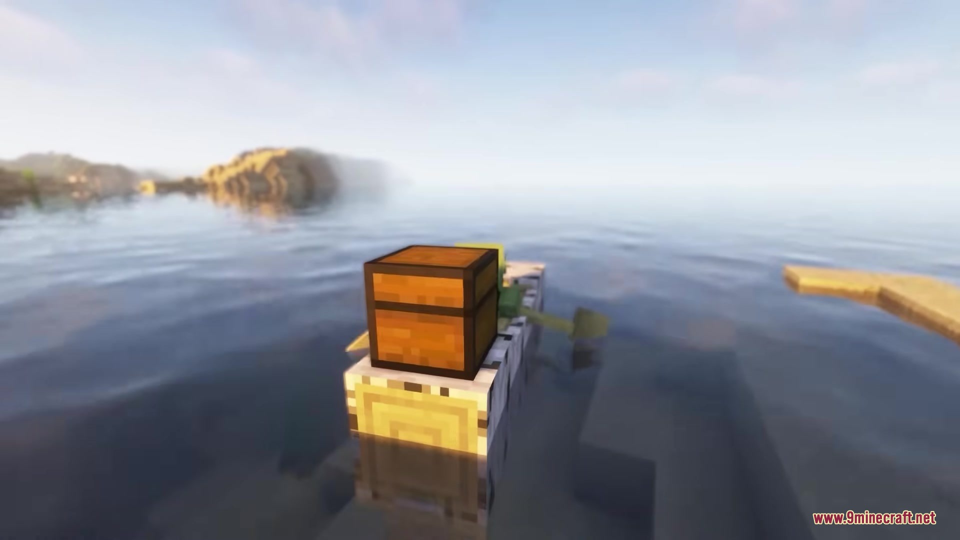 Refurbished Log Boat Resource Pack Screenshot 11 A player rows a Refurbished Log Boat with a chest across the water