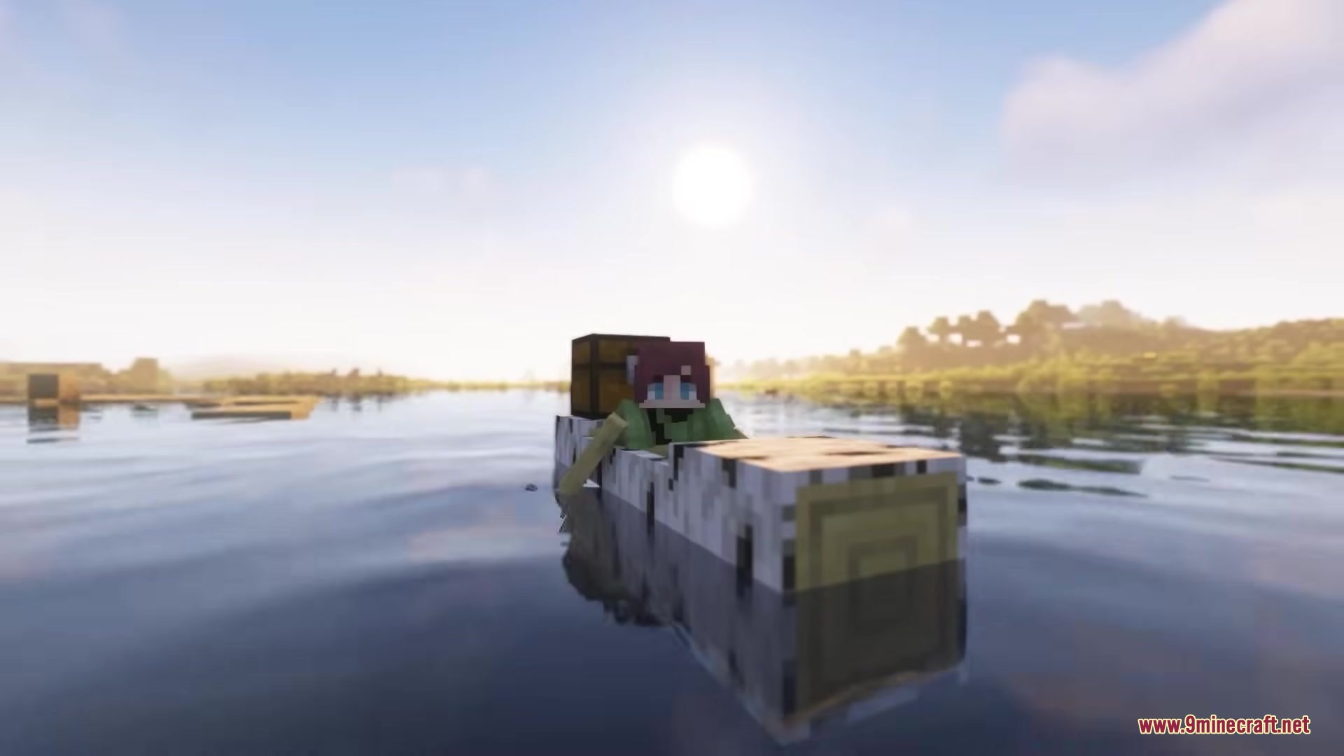 Refurbished Log Boat Resource Pack Screenshot 12 A birch log boat with a chest floats on calm water during sunset
