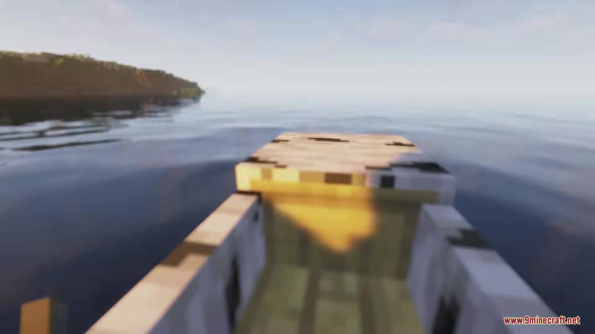 Refurbished Log Boat Resource Pack Screenshot 13 First person view of a player riding a birch log boat on the ocean