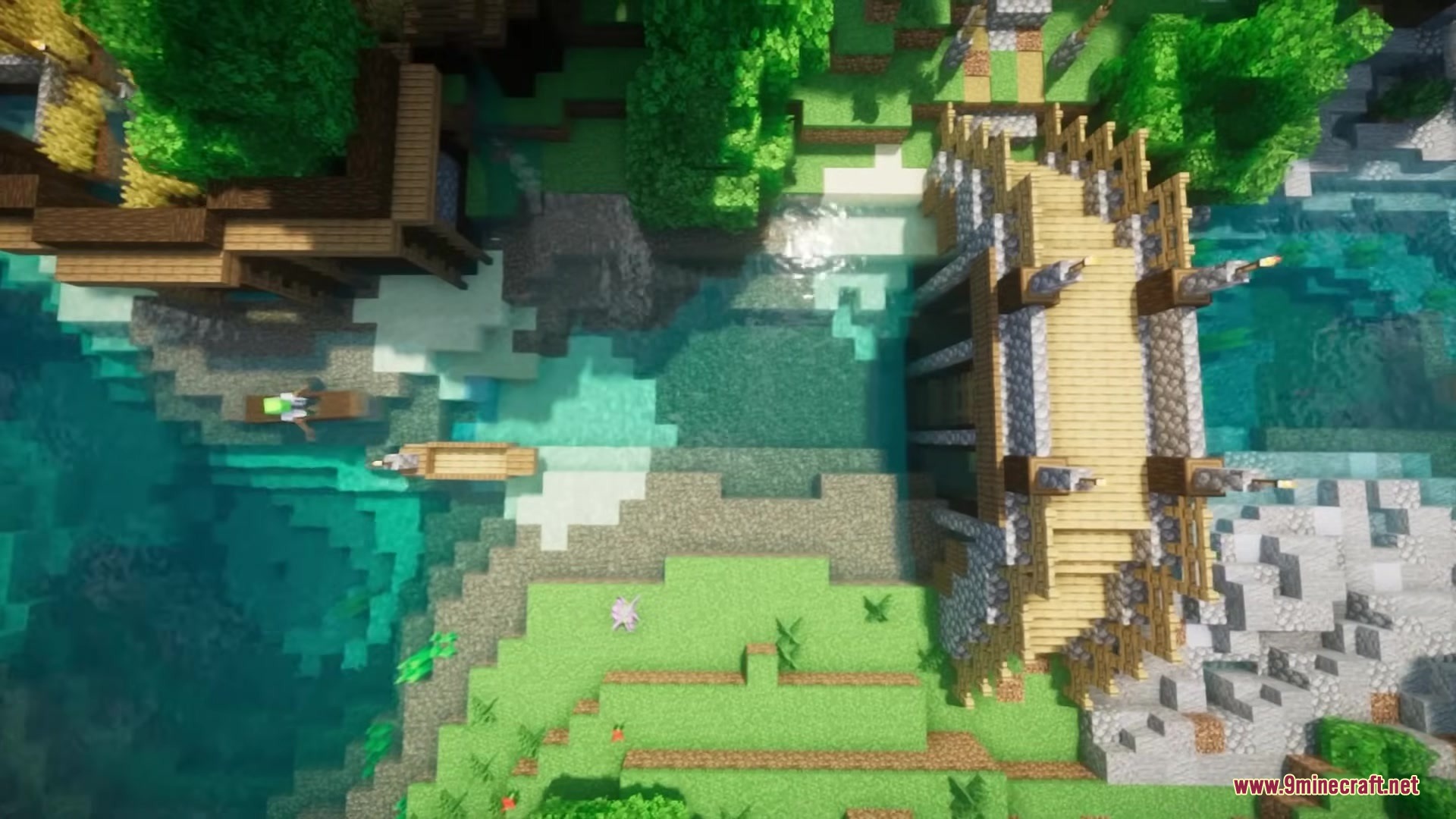 Refurbished Log Boat Resource Pack Screenshot 14 Top down view of a village with a bridge and several log boats