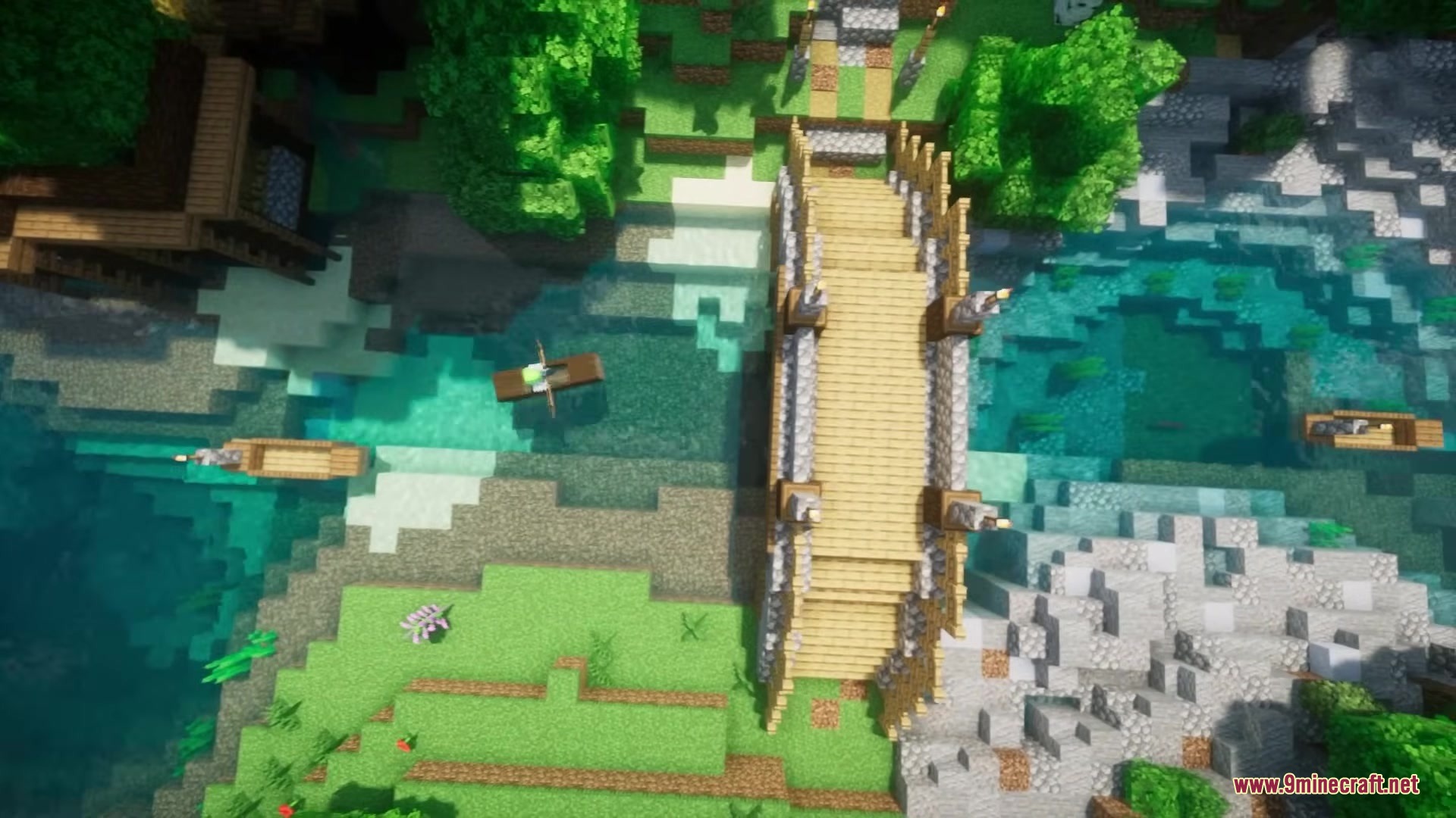 Refurbished Log Boat Resource Pack Screenshot 15 Top down view of log boats floating near a large wooden bridge