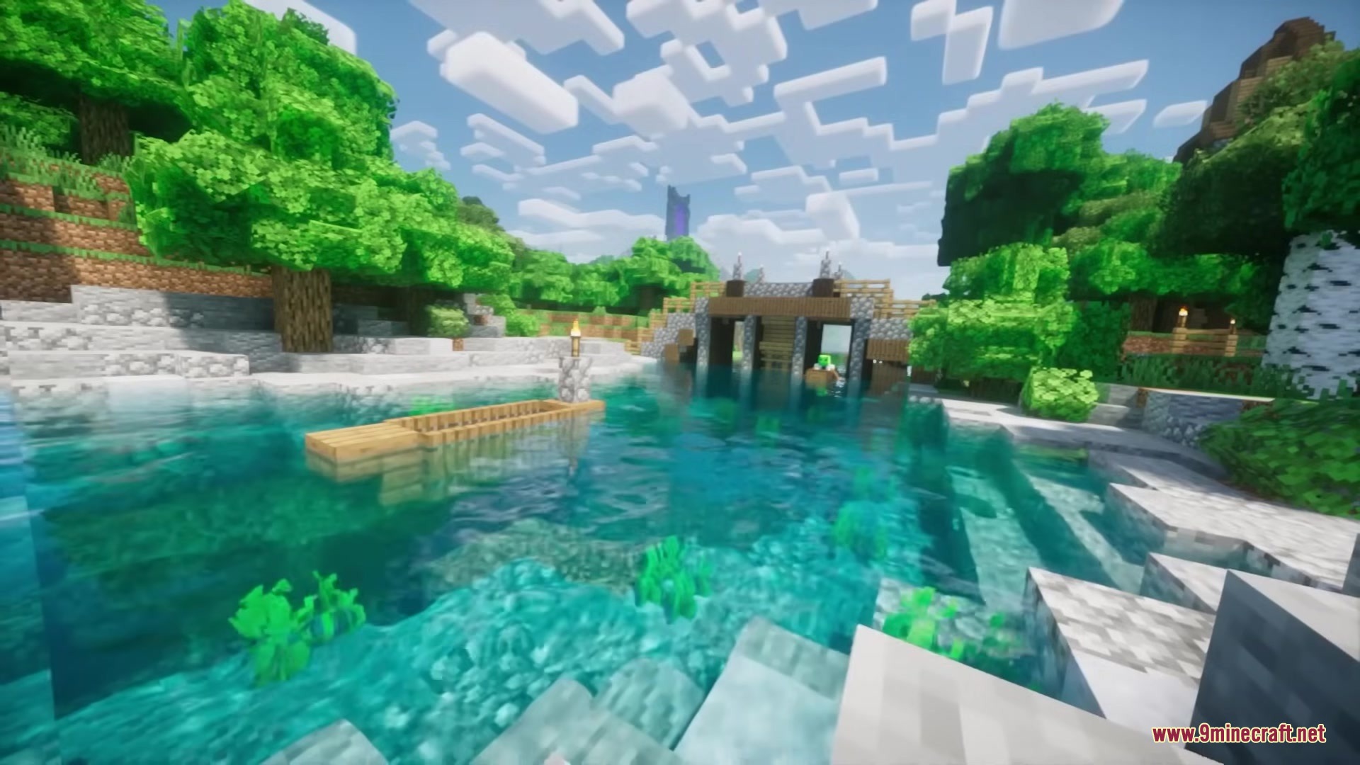 Refurbished Log Boat Resource Pack Screenshot 16 A log boat with a torch floating on clear water near a bridge