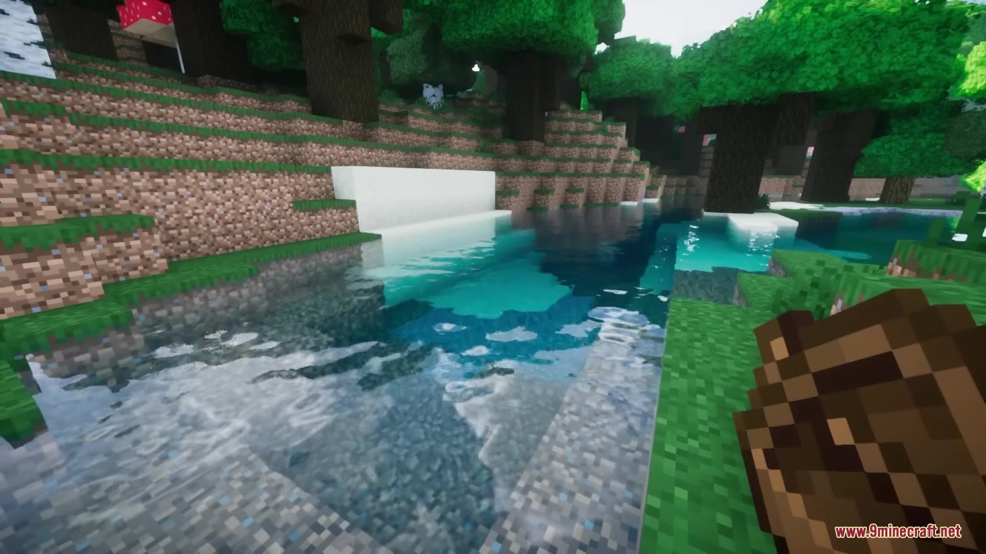Refurbished Log Boat Resource Pack Screenshot 17 A player holding a realistic log boat item near a scenic forest river
