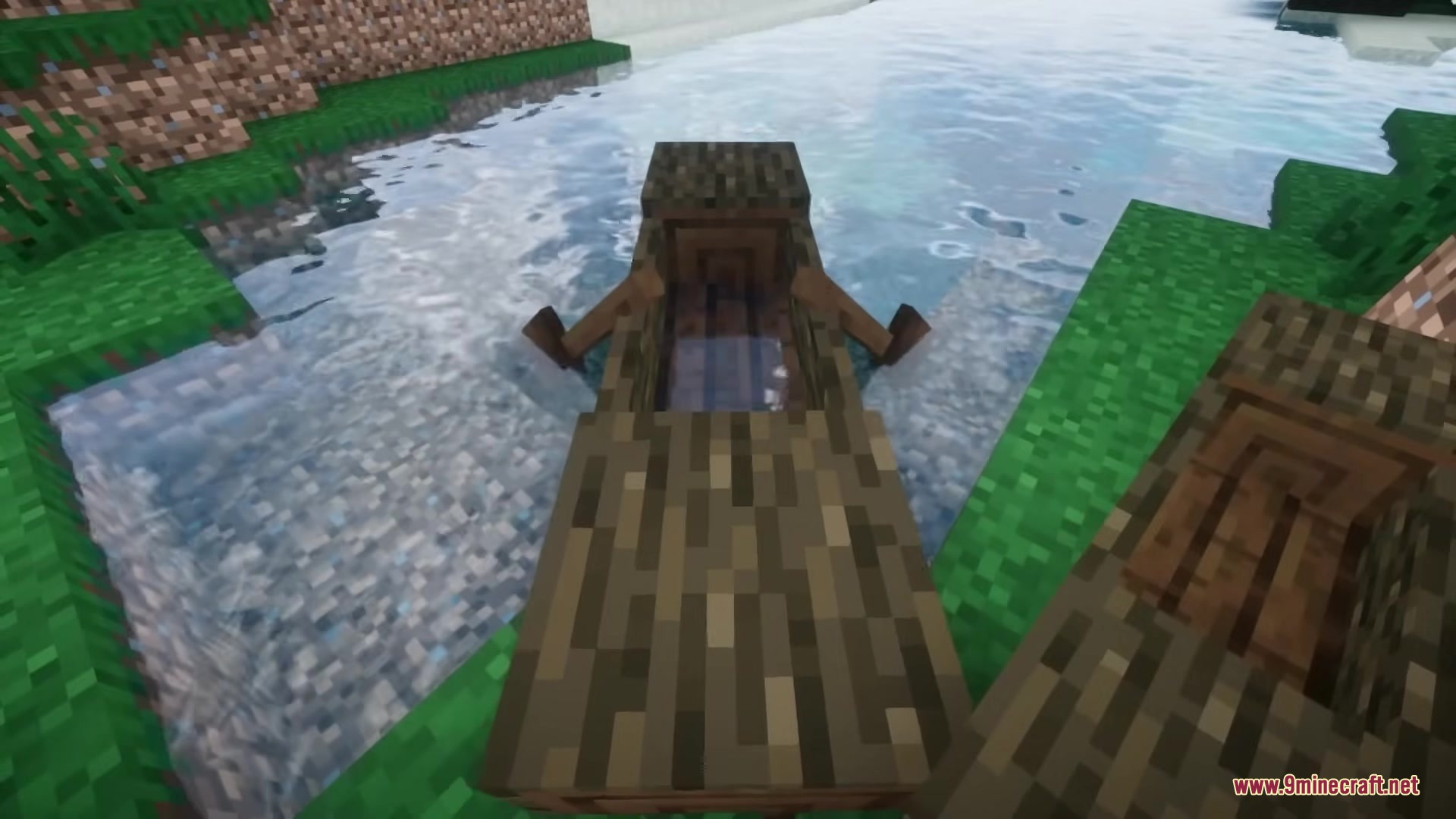 Refurbished Log Boat Resource Pack Screenshot 18 A hollowed out log boat floating on the water in a forest biome