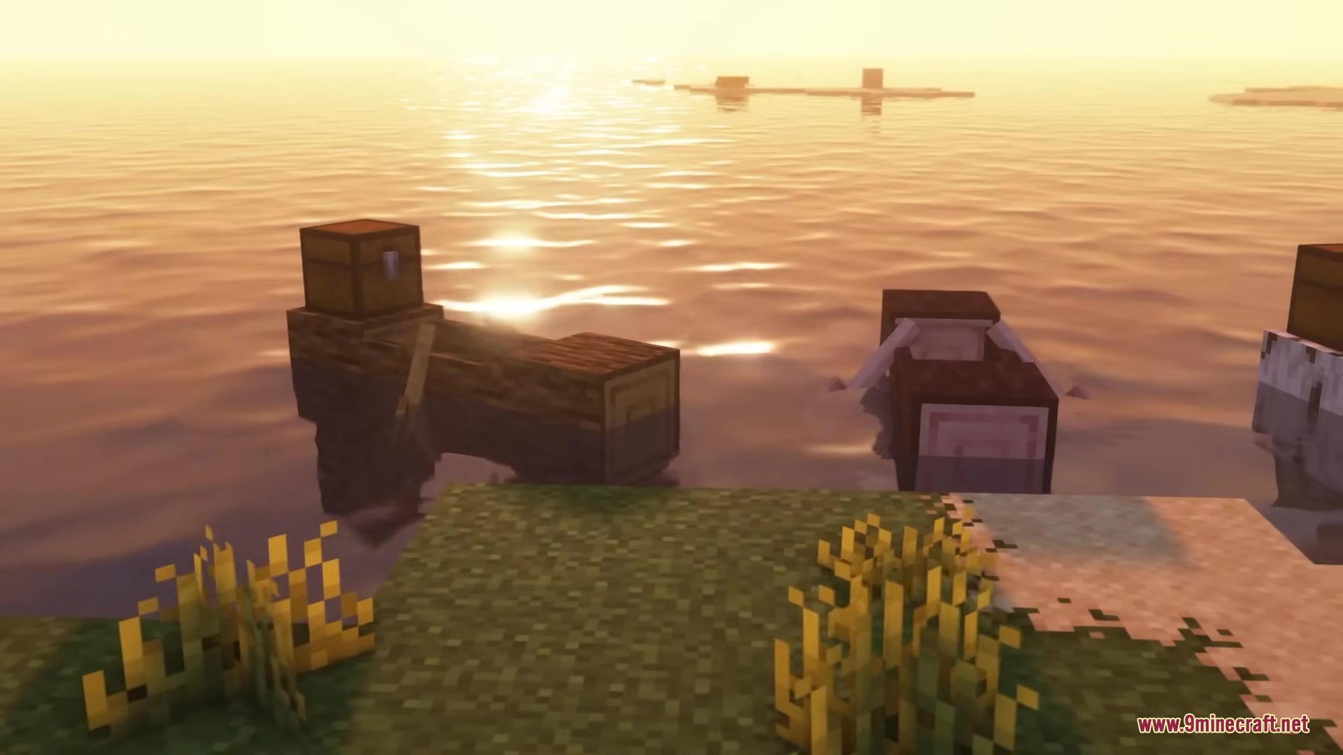 Refurbished Log Boat Resource Pack Screenshot 2 Refurbished log boats with custom textures floating on the water at sunset