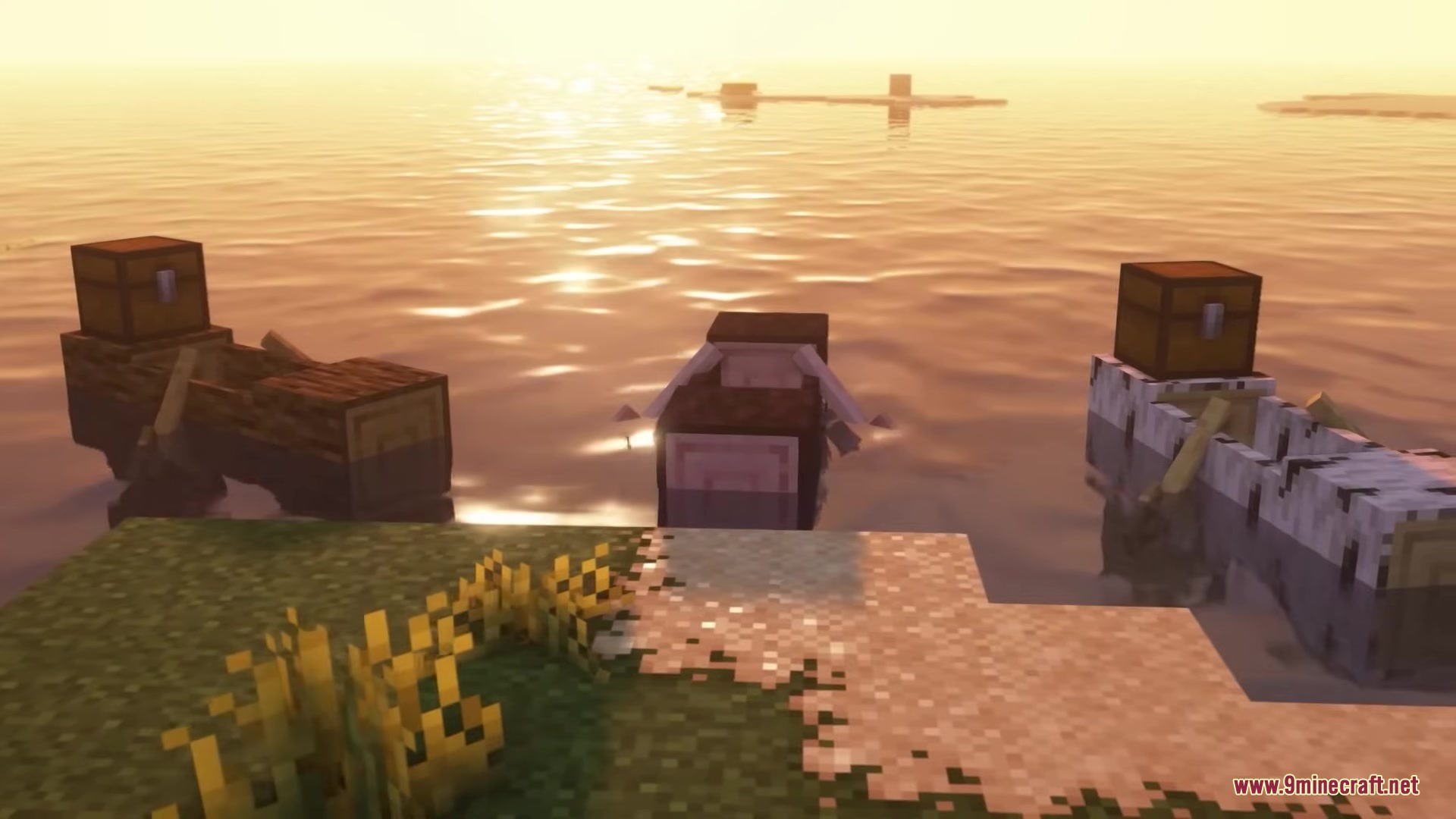 Refurbished Log Boat Resource Pack Screenshot 3 Three hollowed log boats with chests floating on the water at sunset