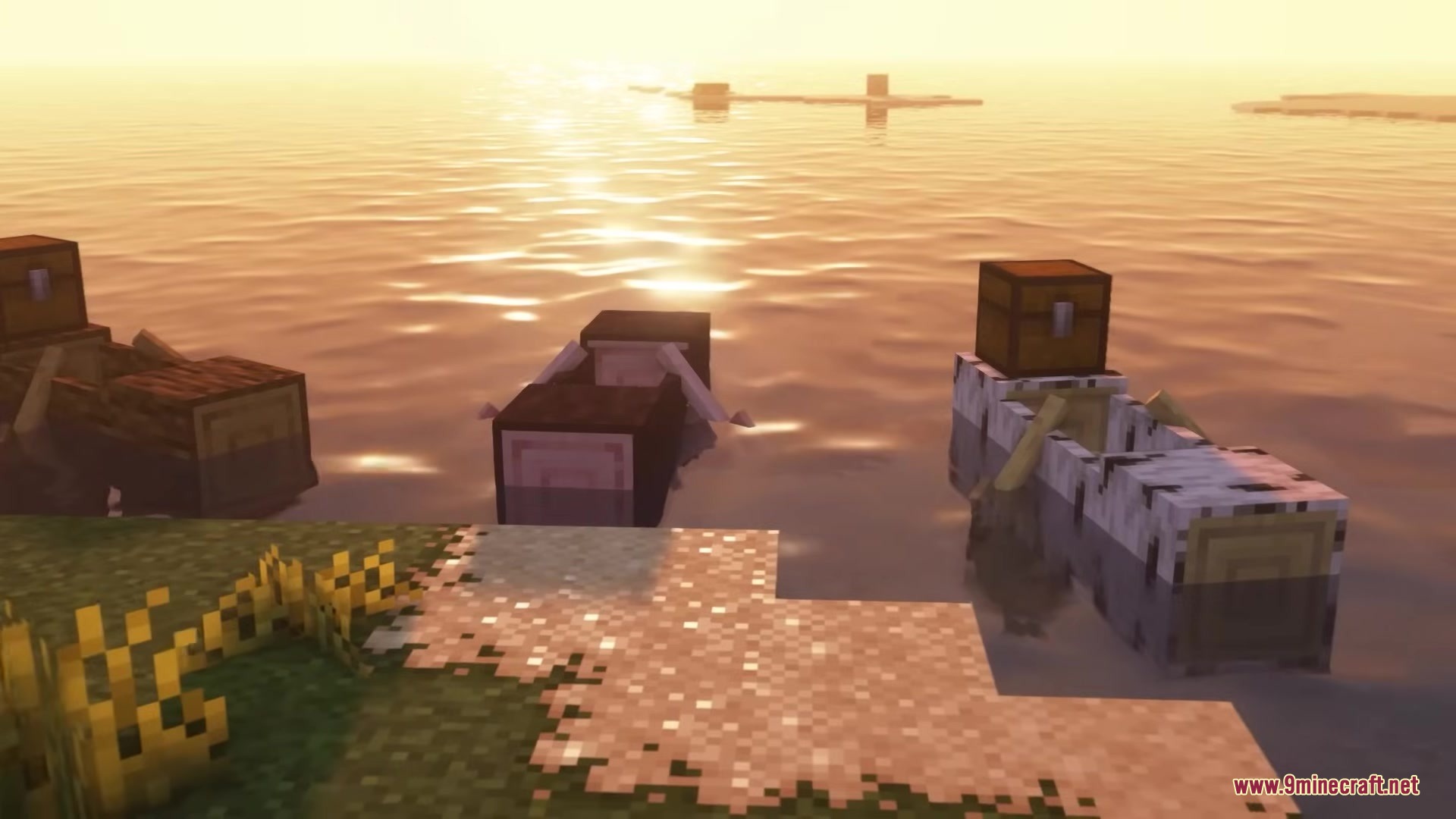 Refurbished Log Boat Resource Pack Screenshot 4 Different wooden log boats with chests floating near a grassy shoreline