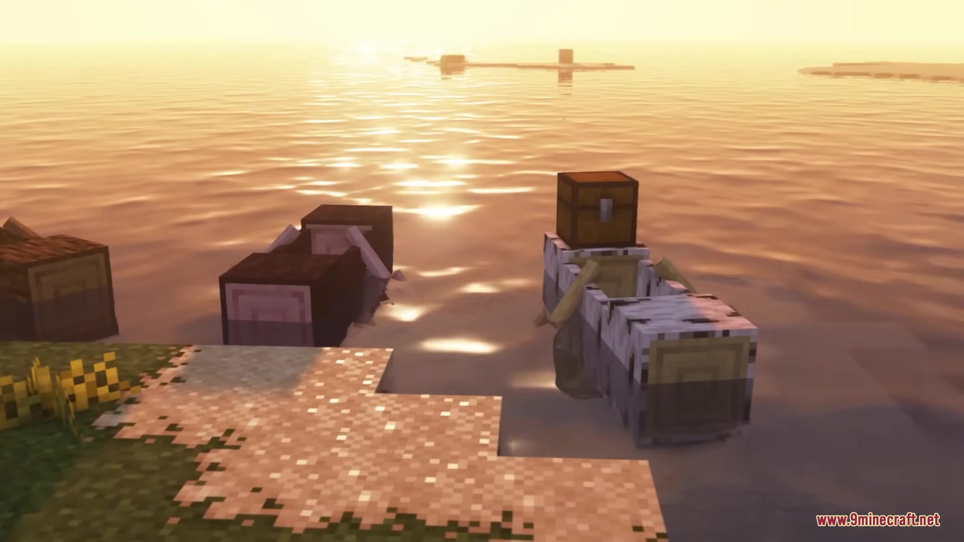 Refurbished Log Boat Resource Pack Screenshot 5 Birch log boat with a chest floating on the water during sunset