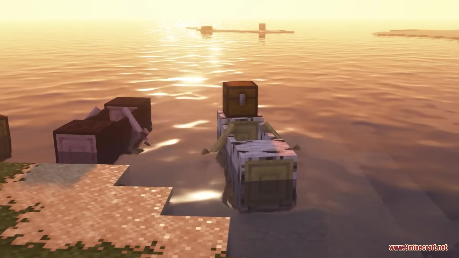 Refurbished Log Boat Resource Pack Screenshot 6 Hollowed out log boats floating near a sandy beach in the evening light