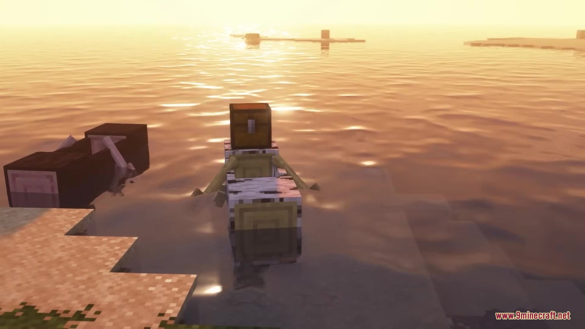 Refurbished Log Boat Resource Pack Screenshot 7 A birch log boat with a chest floating on the water at sunset