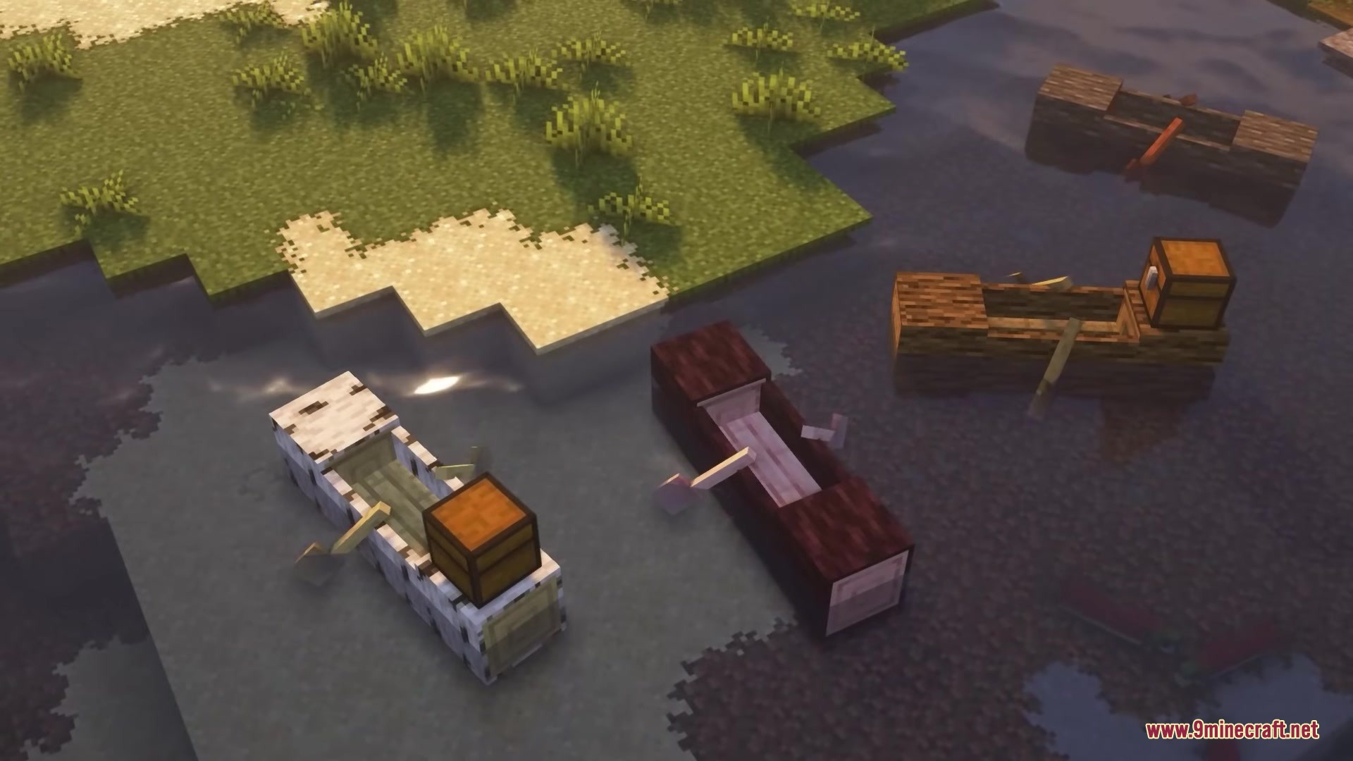 Refurbished Log Boat Resource Pack Screenshot 8 Various wooden log boats with chests floating in a river near the shore