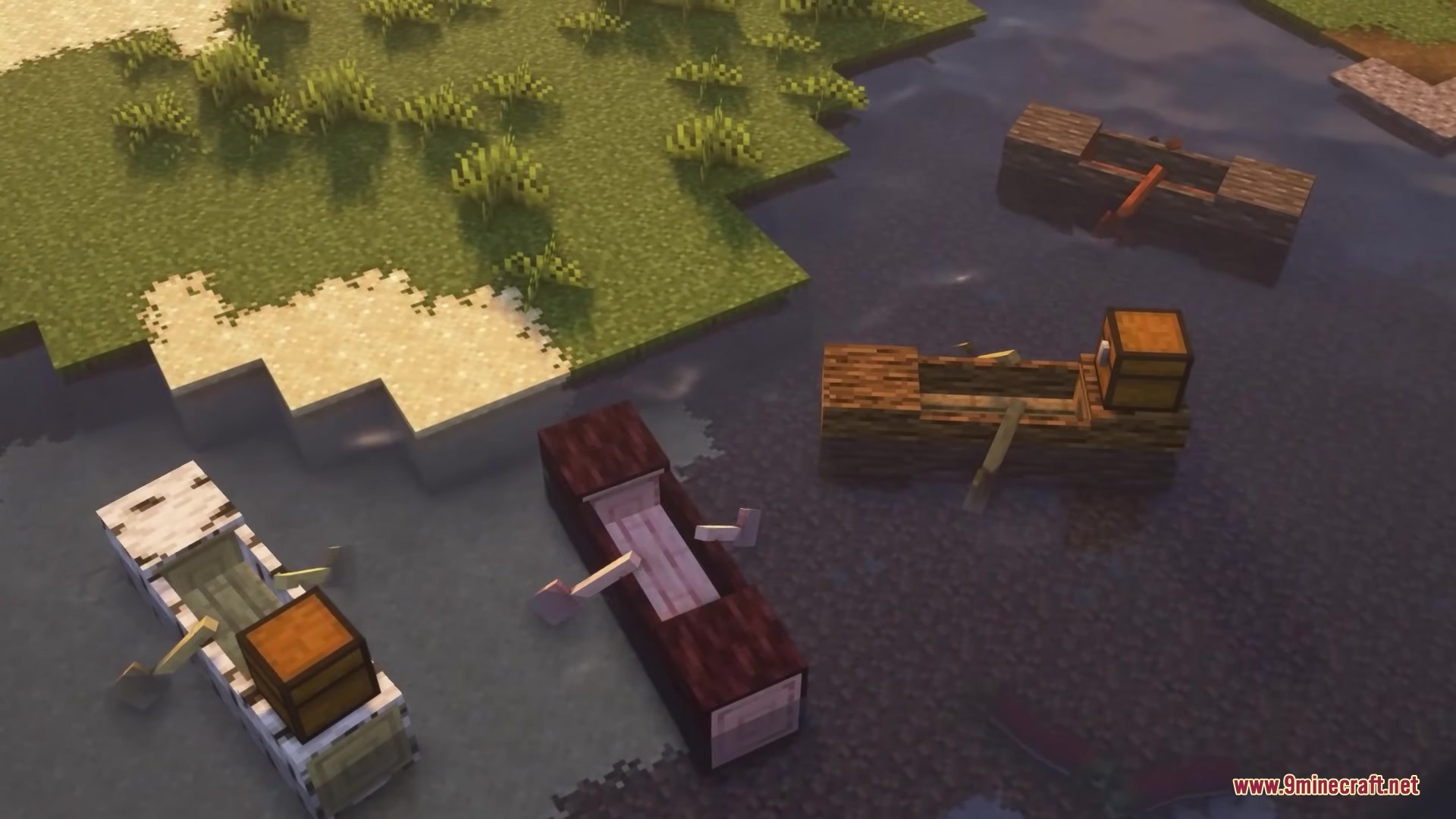 Refurbished Log Boat Resource Pack Screenshot 9 Four hollowed log boats of different wood types floating near the shore