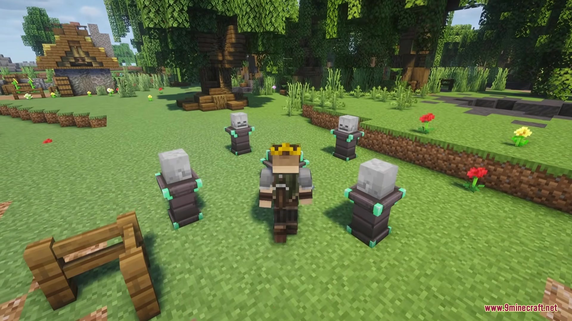 Player standing among four pedestals with skeleton skulls in a field