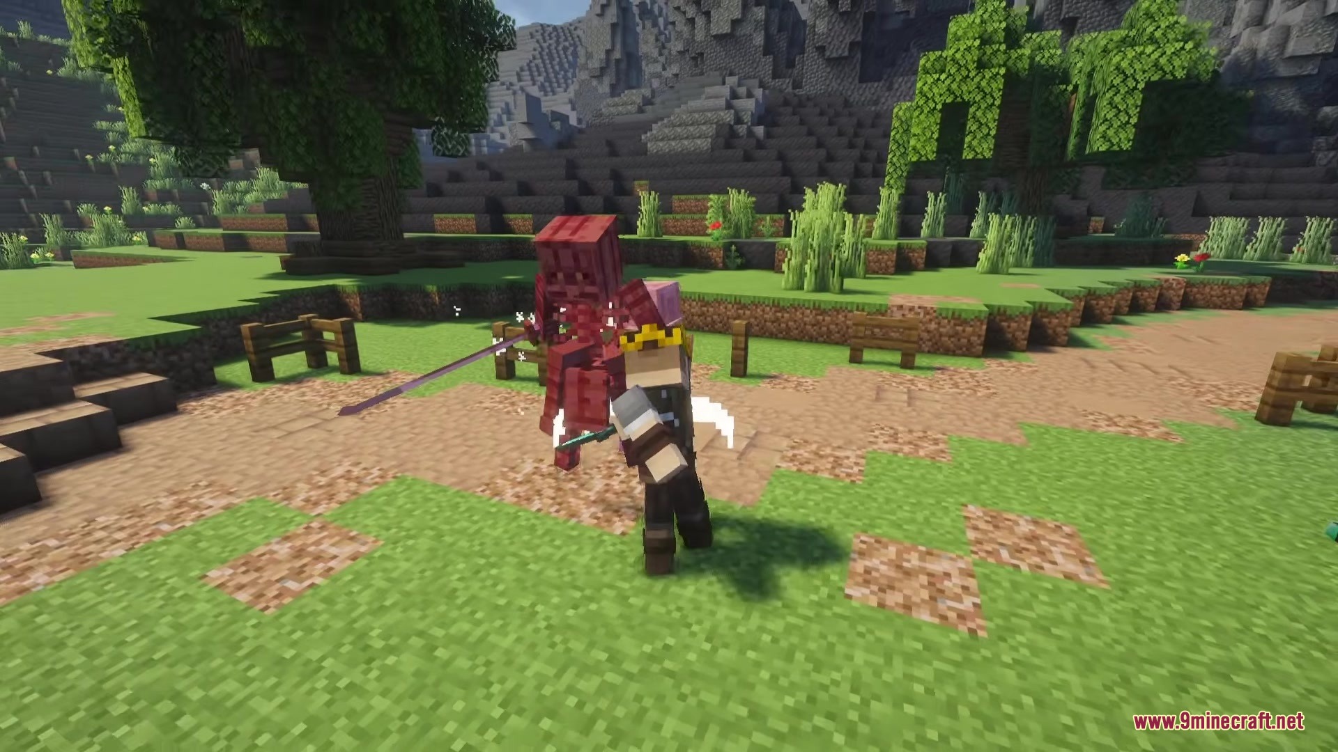 Player fighting a red skeletal boss in a grassy field