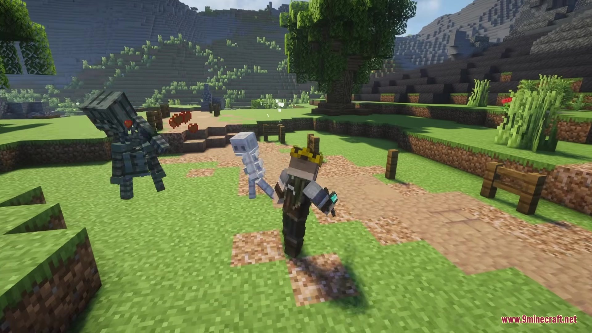 Player facing a skeleton and a large dark mob in nature