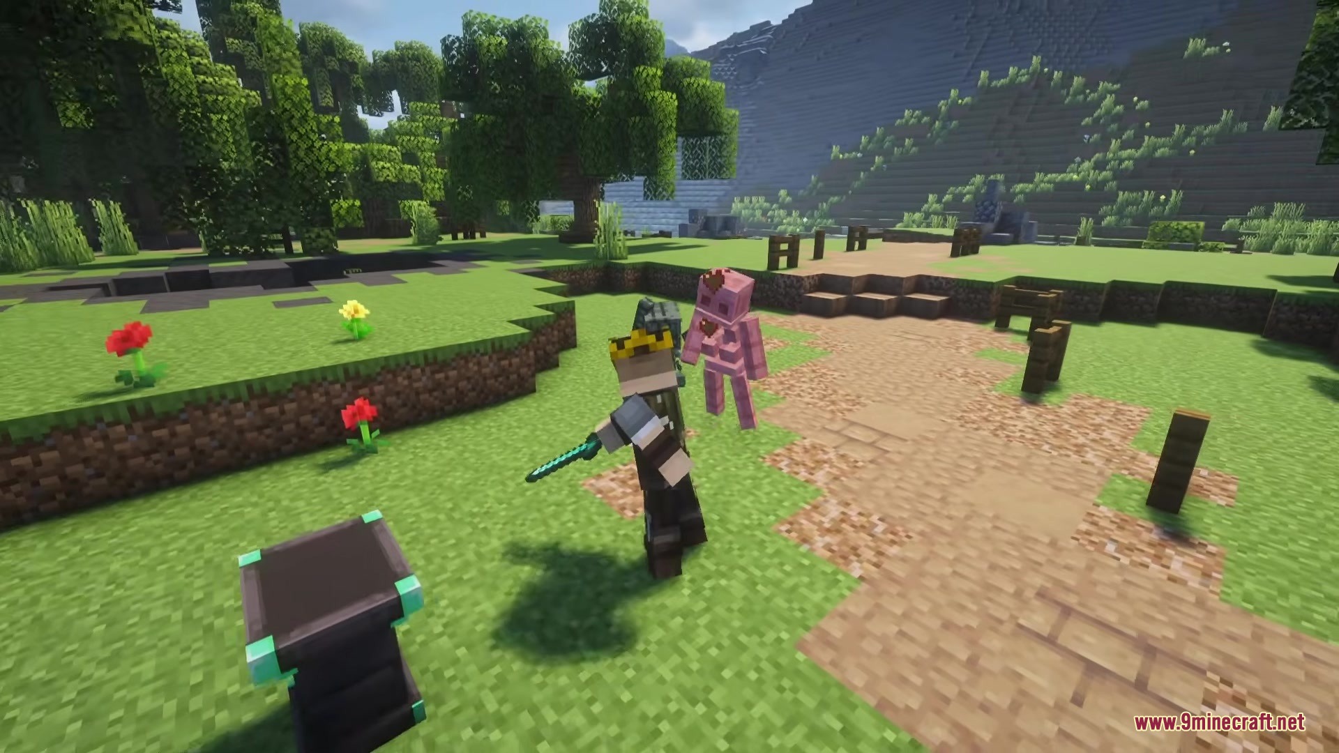 Crowned player battles a pink skeleton minion on a sunny grassy field