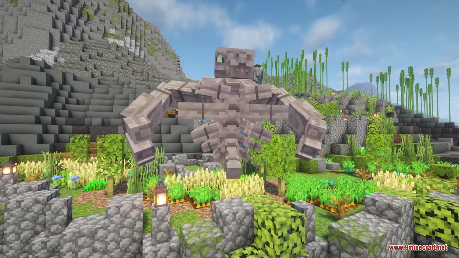 Large skeletal boss hovering above a farm with stone walls and lanterns