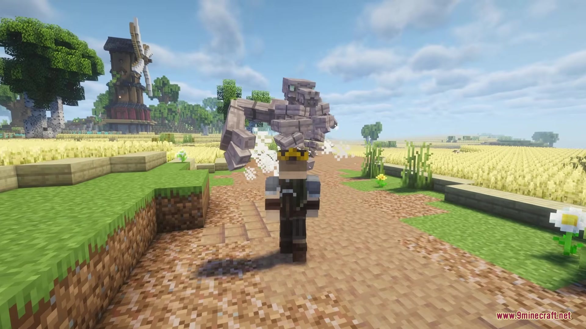 A crowned player faces the giant skeletal Ossukage boss in a sunny field