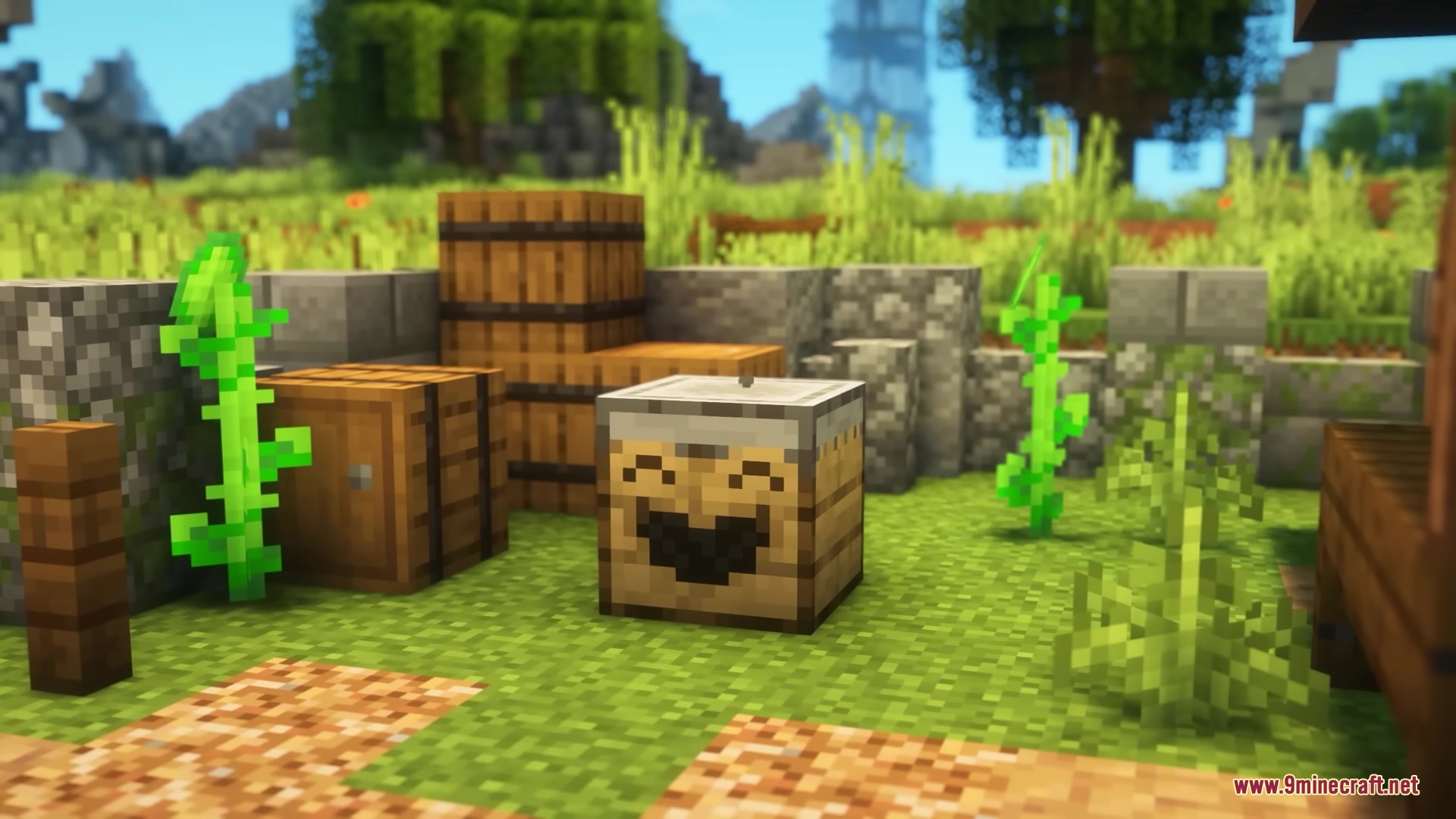 A Repair Station block with a happy face placed near wooden barrels