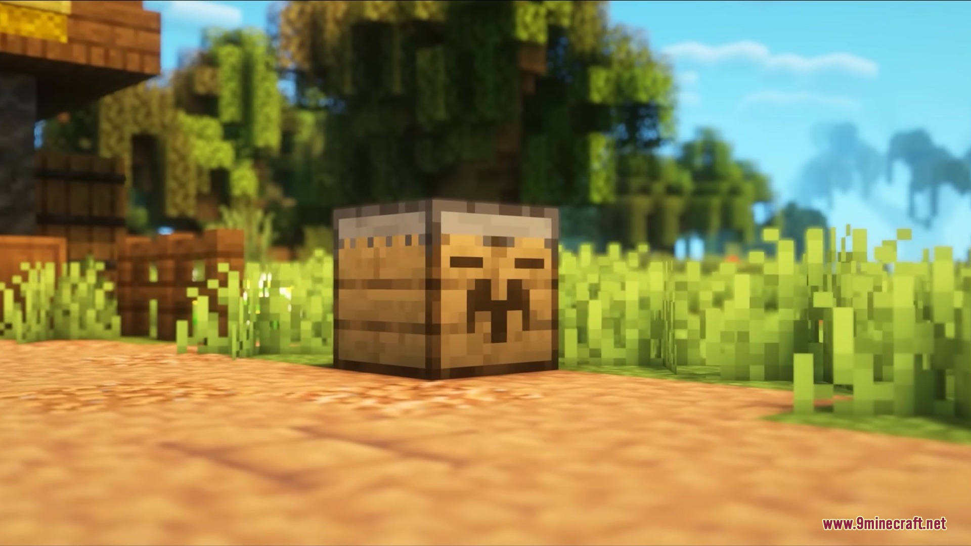 A Repair Station block sitting on a dirt path in a grassy field