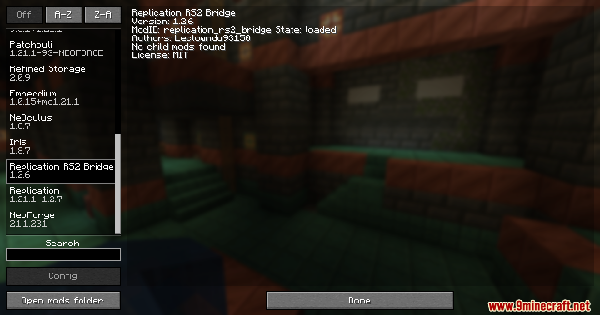 Minecraft mod menu displaying information about the Replication RS2 Bridge addon