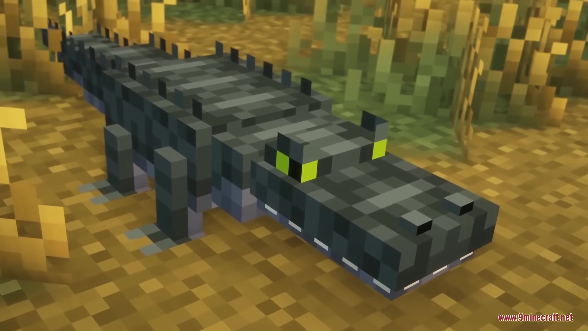 Reptilian Mod Screenshot 7 A dark grey alligator from the Reptilian Mod resting in a swampy biome