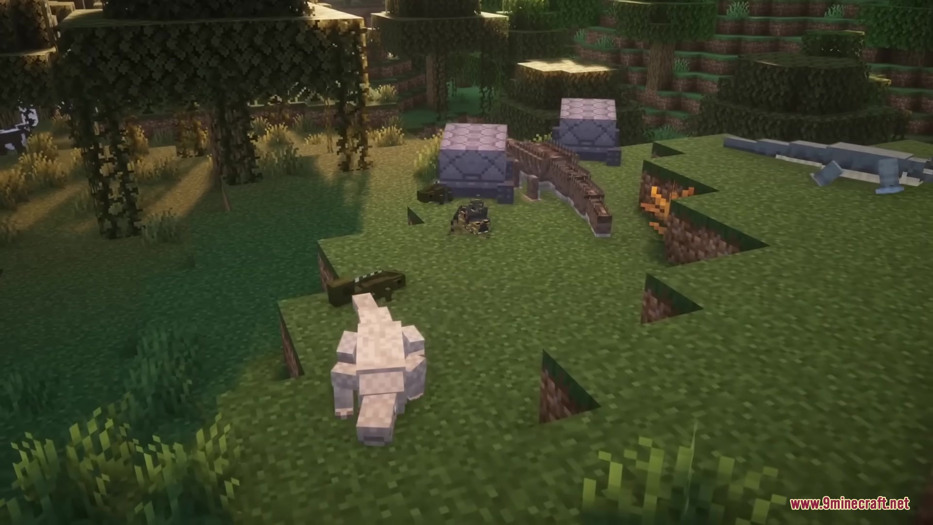 Reptilian Mod Screenshot 8 Different colored crocodiles and tortoises spawning together in a grassy Minecraft forest