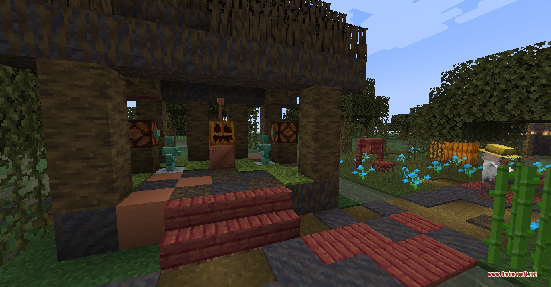 Copper Golems and a Beekeeper villager standing near a small wooden structure