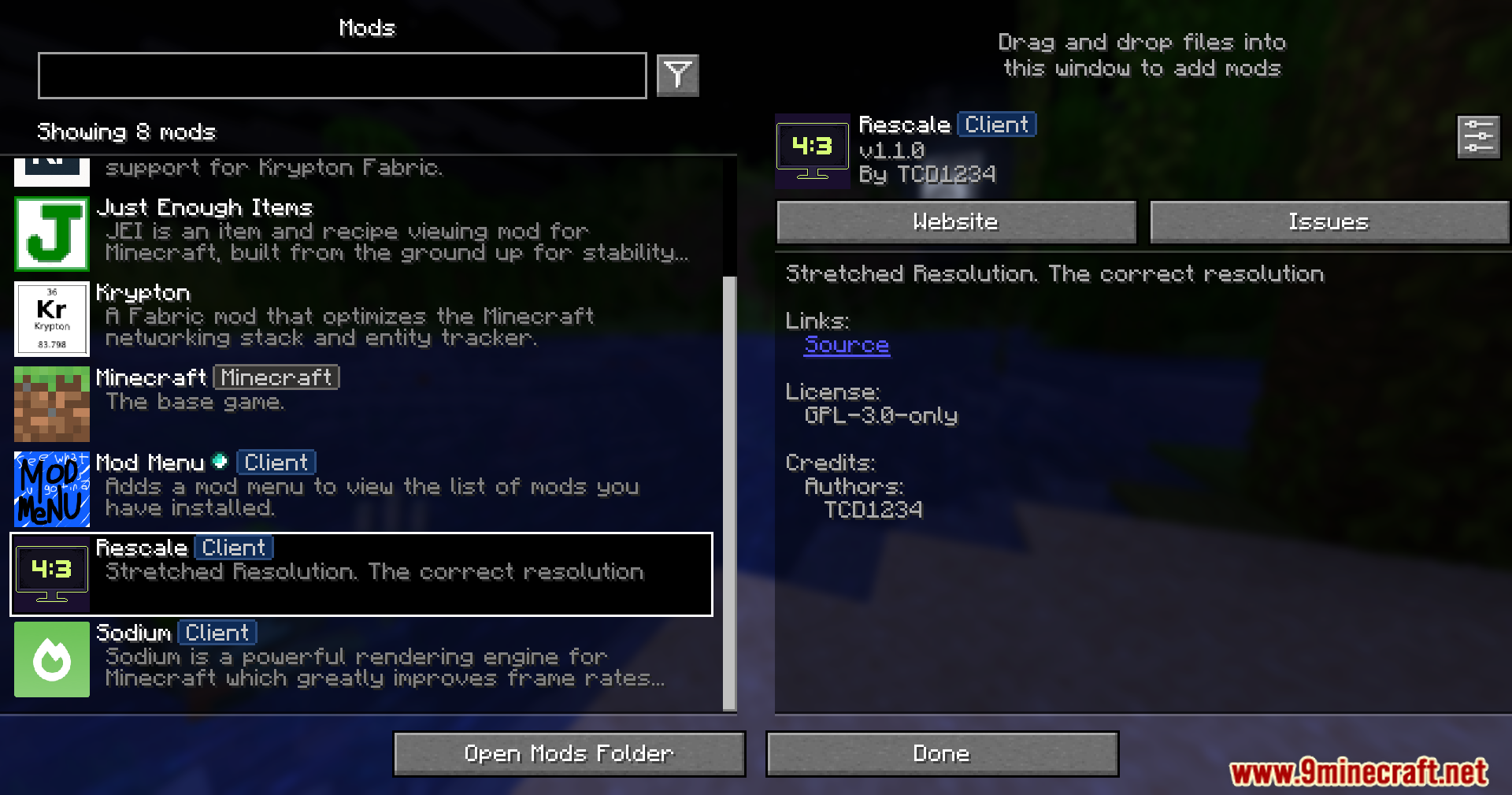 Rescale Aspect Ratio Mod Screenshot 1 Minecraft mod menu interface showing the Rescale mod selected in the list