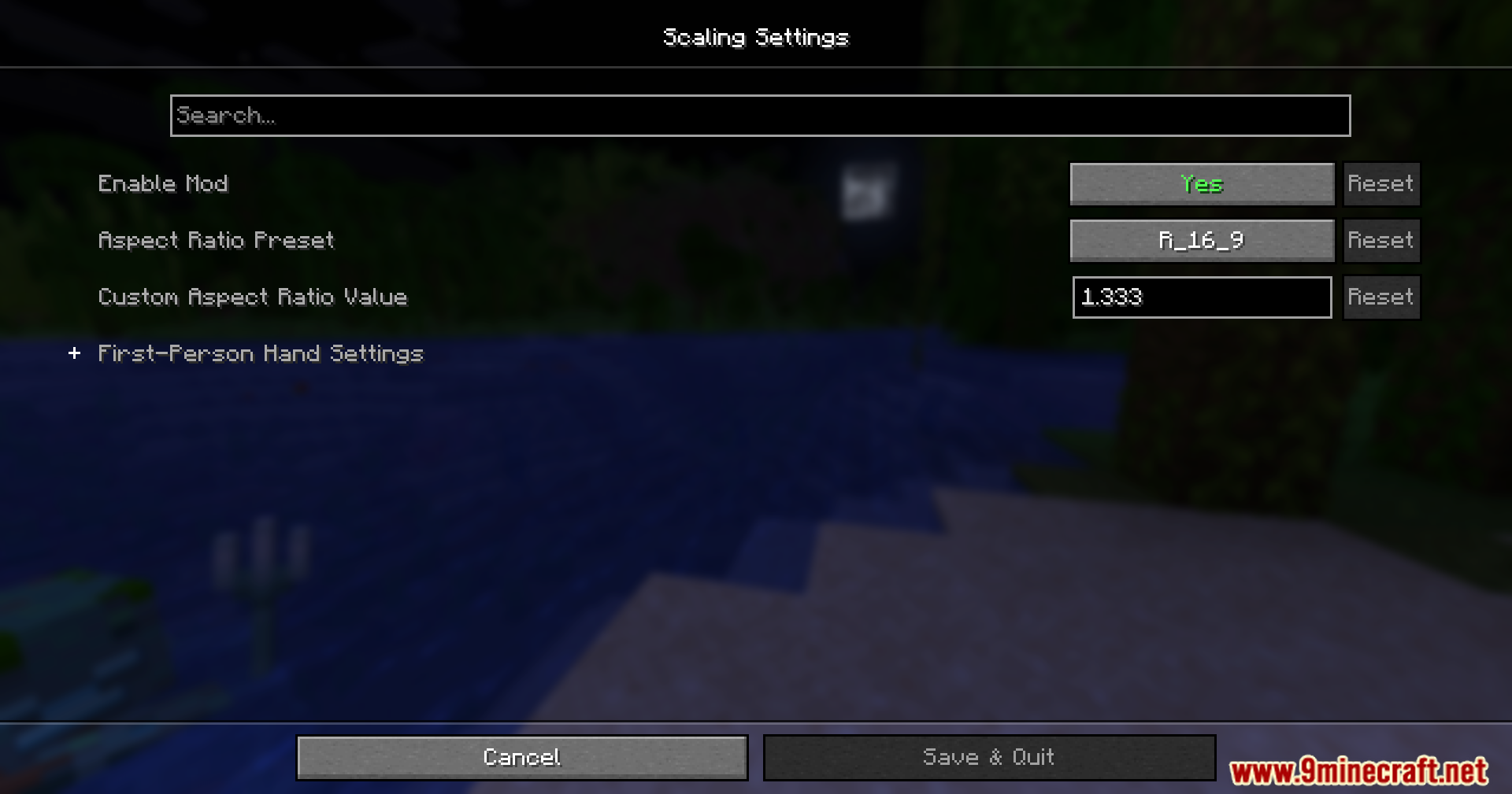 Rescale Aspect Ratio Mod Screenshot 2 Scaling settings menu for adjusting aspect ratio and first person hand settings