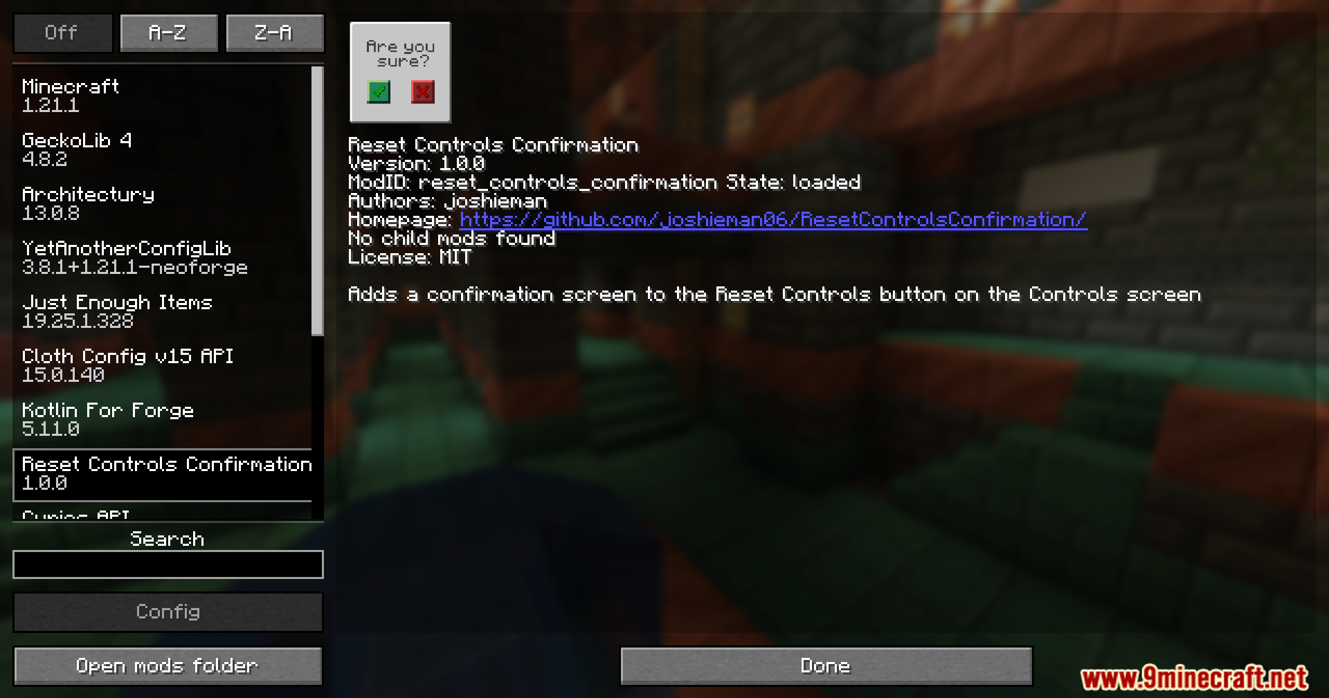 Reset Controls Confirmation Mod Screenshot 1 A mod list screen displaying information about the Reset Controls Confirmation mod