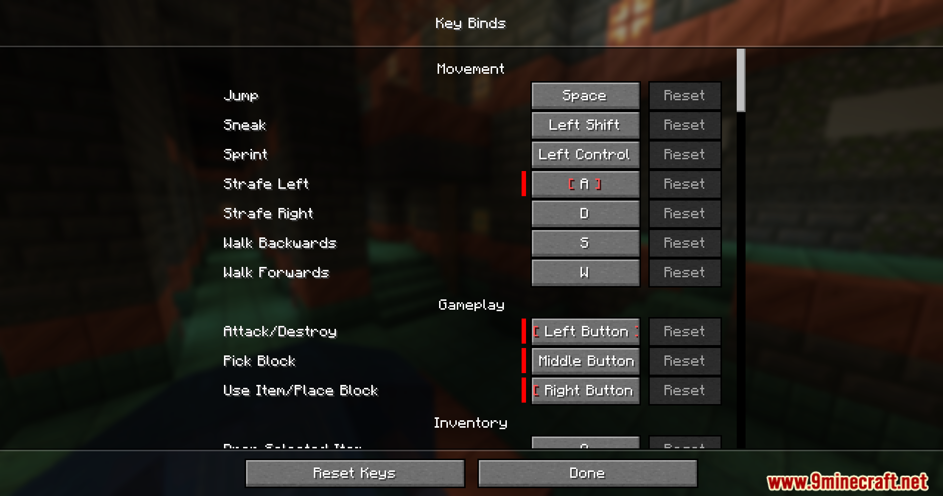 Reset Controls Confirmation Mod Screenshot 4 The Minecraft key binds menu displaying movement controls and gameplay action settings