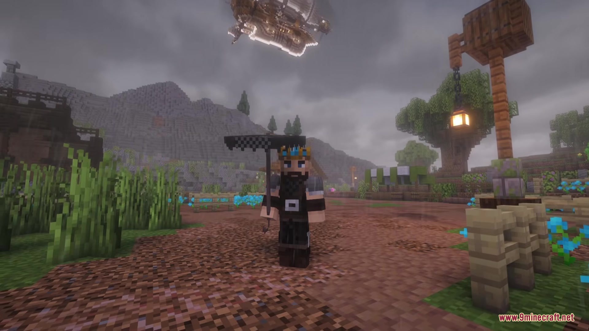 Reverse Eon Mod Screenshot 1 A character holding an Equilibrium Umbrella stands in the rain under a flying airship