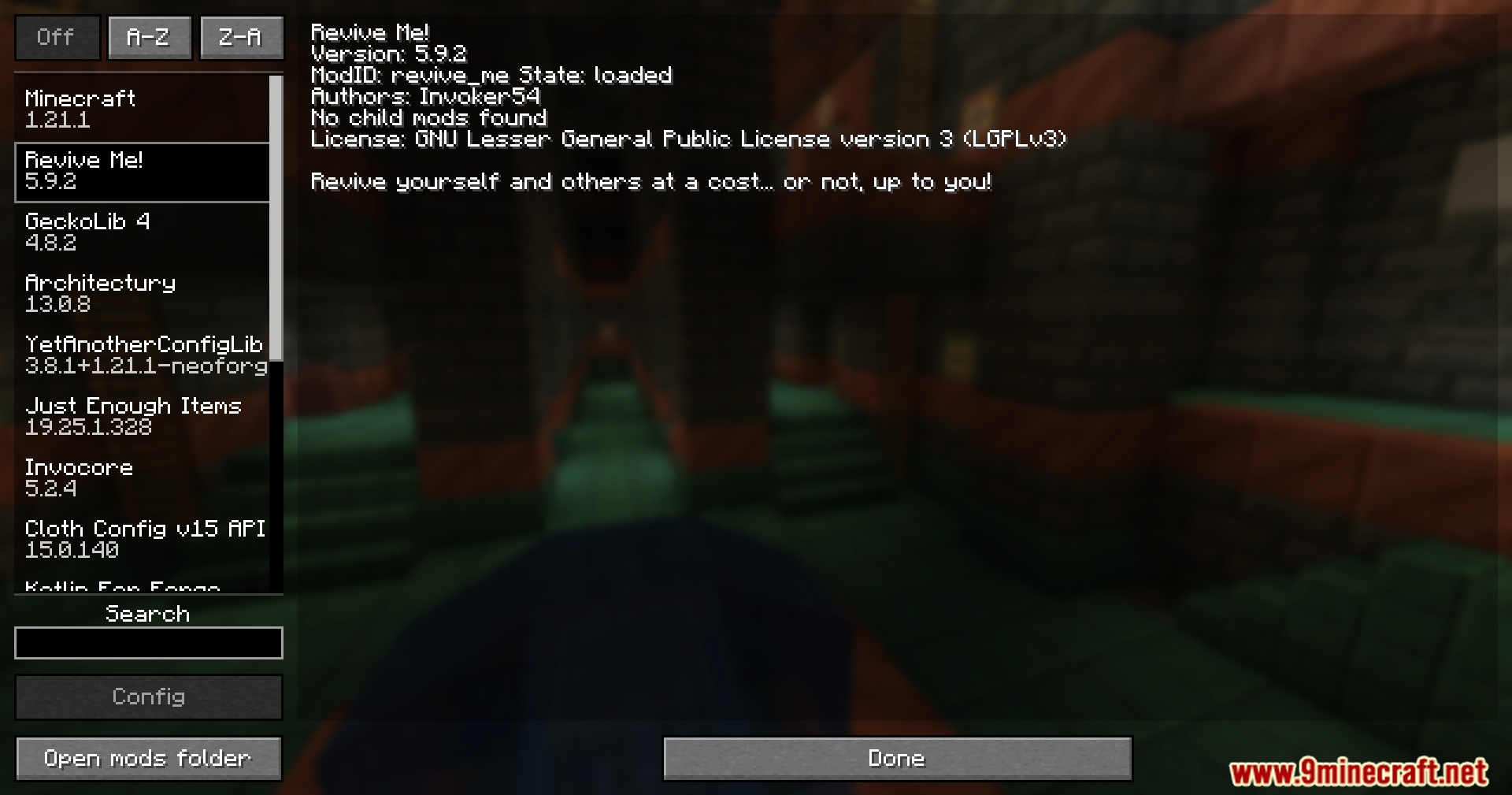 Revive Me Mod Screenshot 1 Minecraft mod list screen showing information about the Revive Me mod