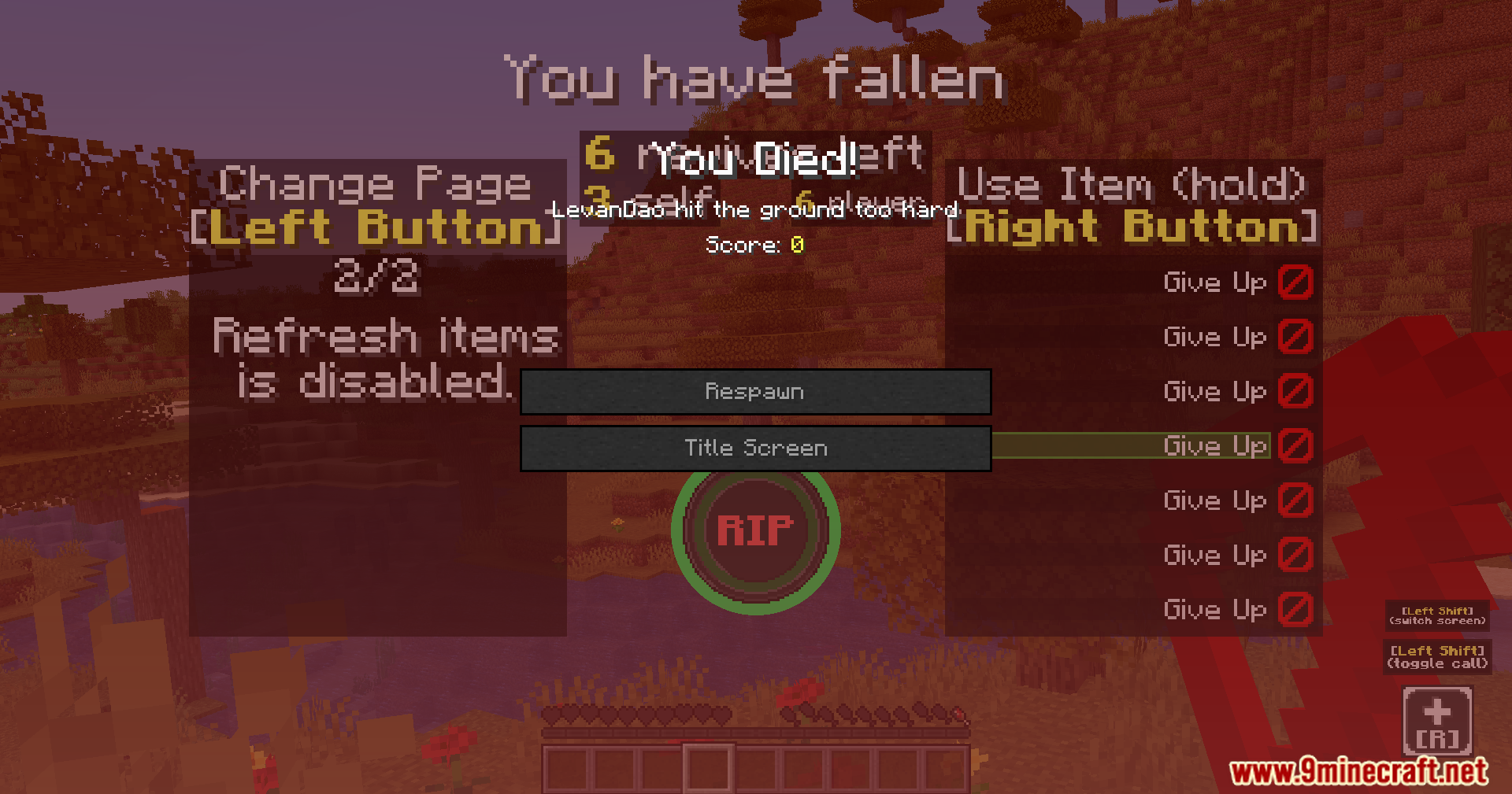 Revive Me Mod Screenshot 9 Minecraft death screen with respawn buttons and a fallen player status