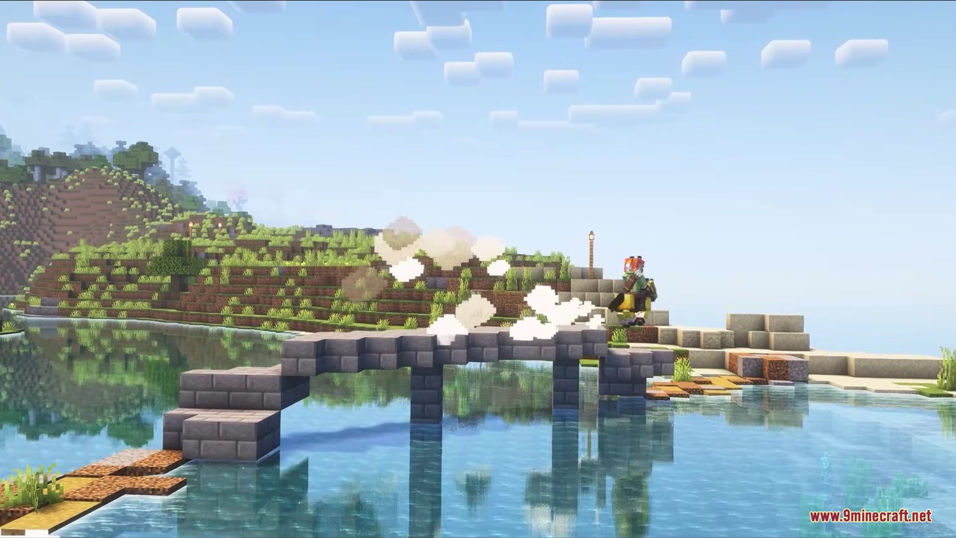 Road Weaver by Shiroha Mod Screenshot 1 A stone bridge spans across a river in a beautiful Minecraft world