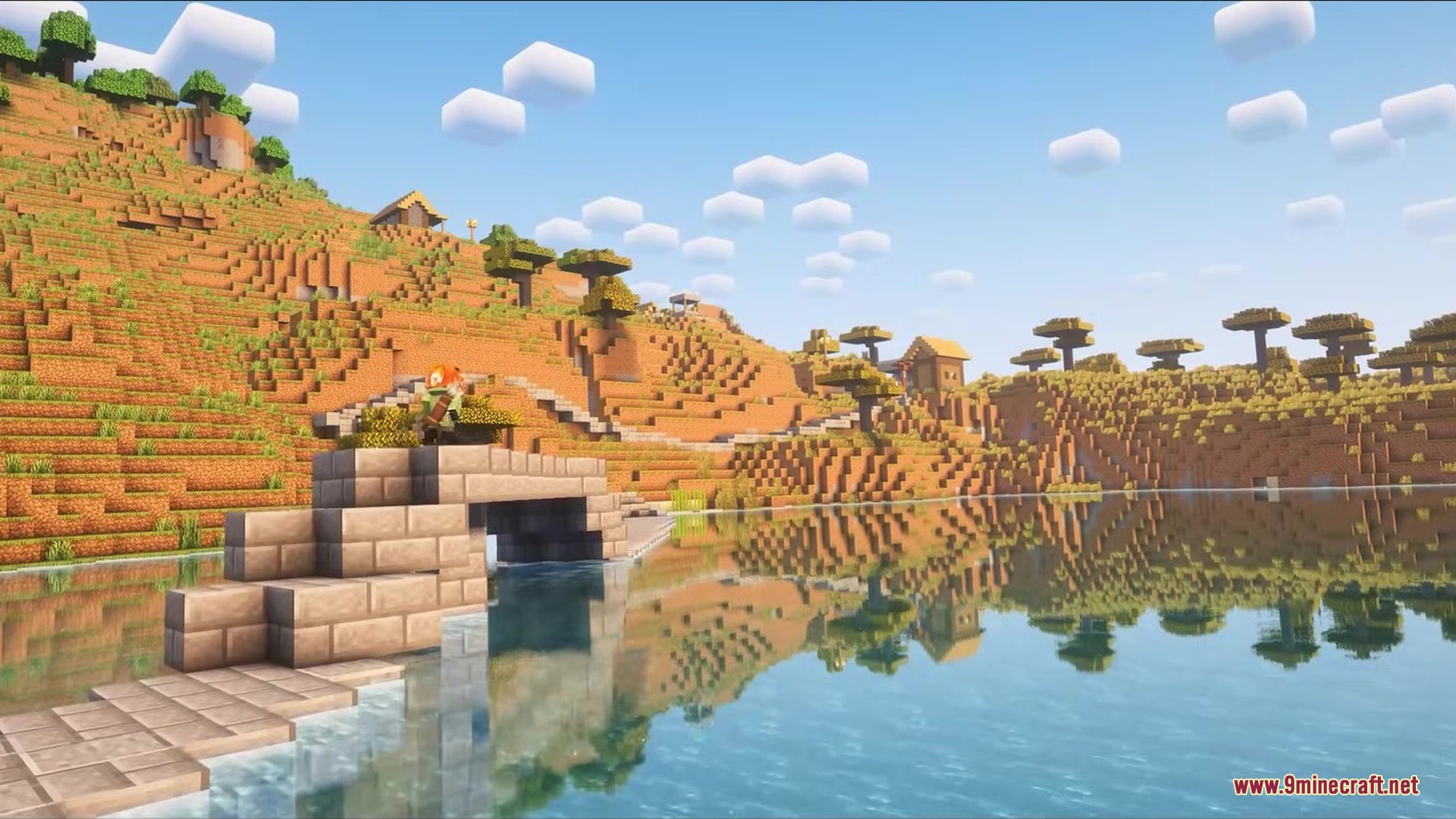 Road Weaver by Shiroha Mod Screenshot 3 A stone bridge crossing a lake with a path leading up a hill