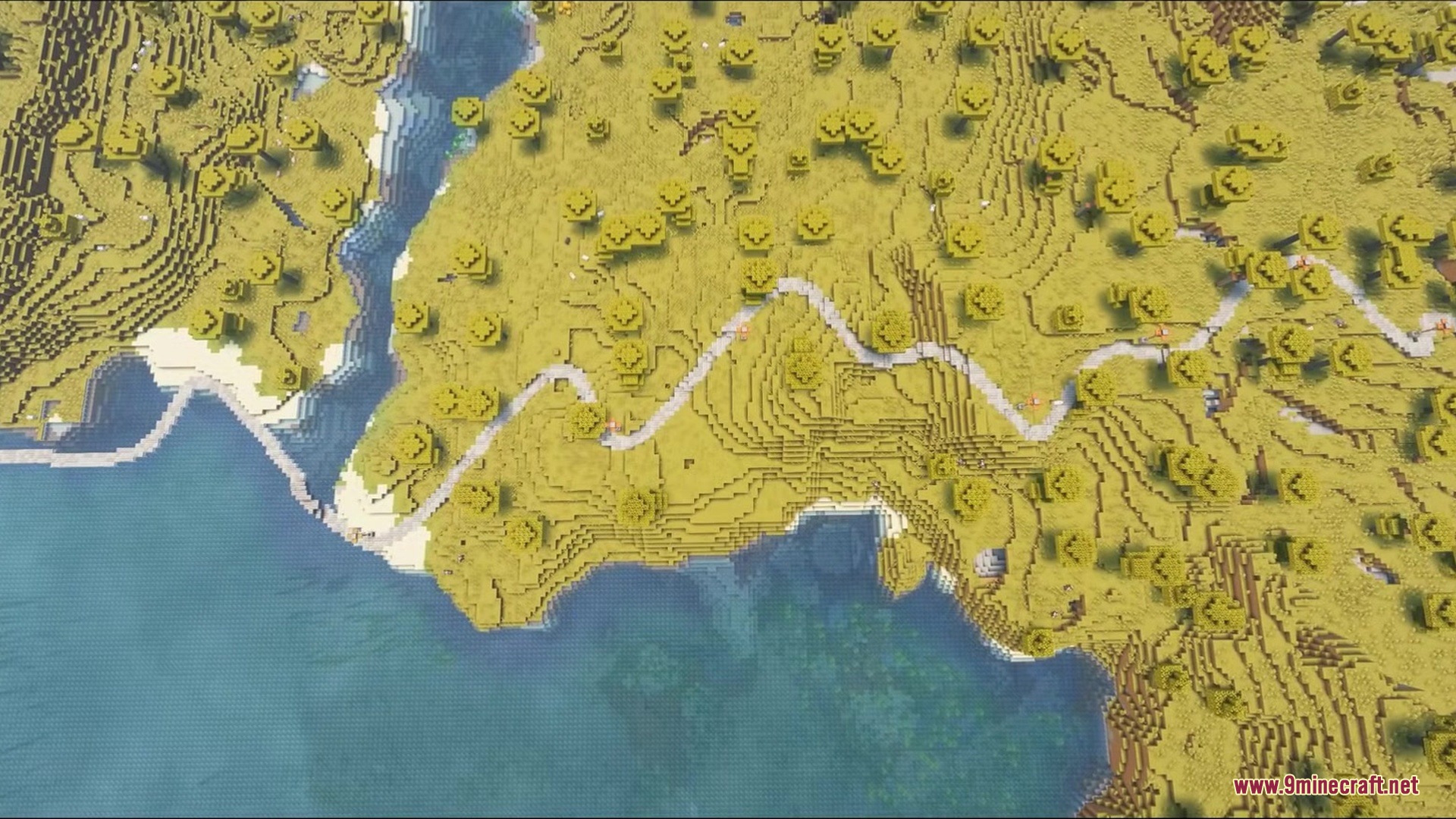 Road Weaver by Shiroha Mod Screenshot 4 Top down view of a long stone path winding through a savanna biome