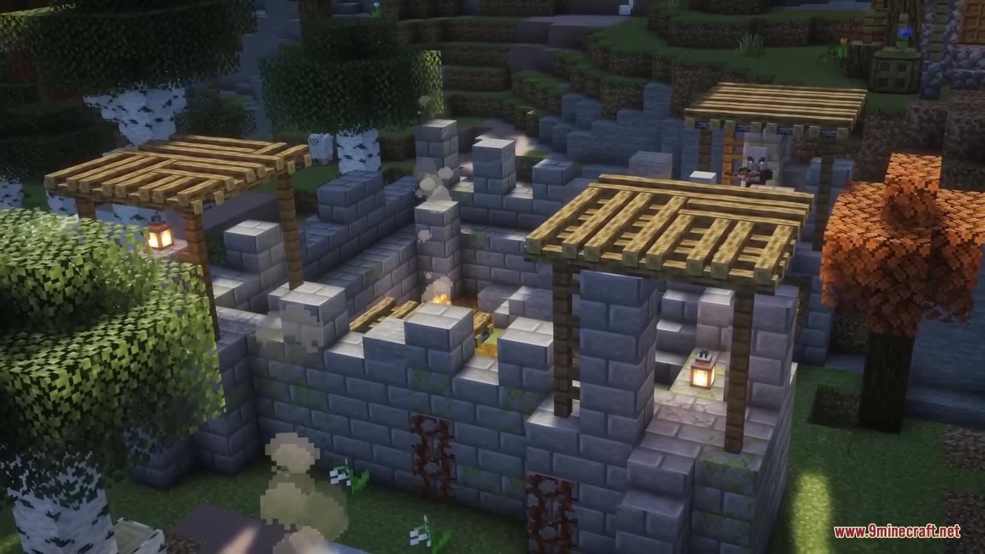 A stone brick fortress with wooden awnings and a warm campfire
