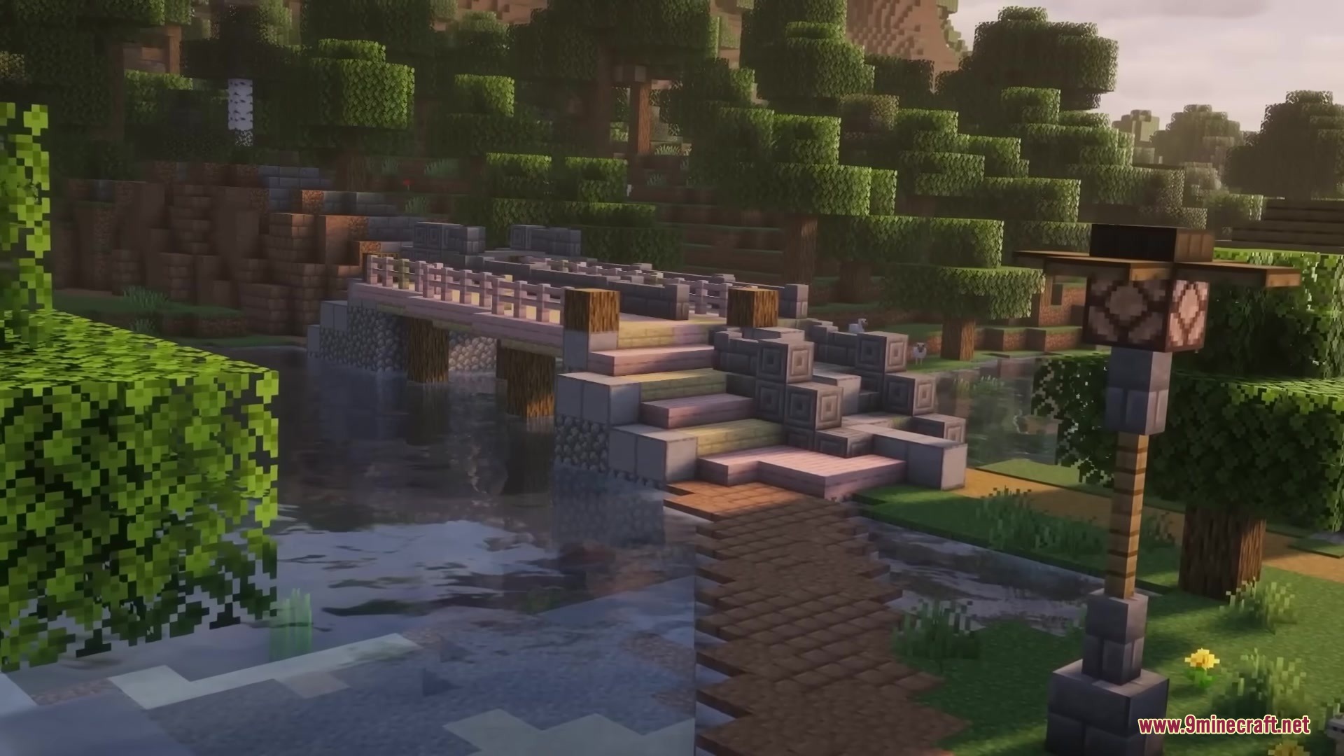 Roadweaver Mod builds a stone bridge with redstone lamps across a river