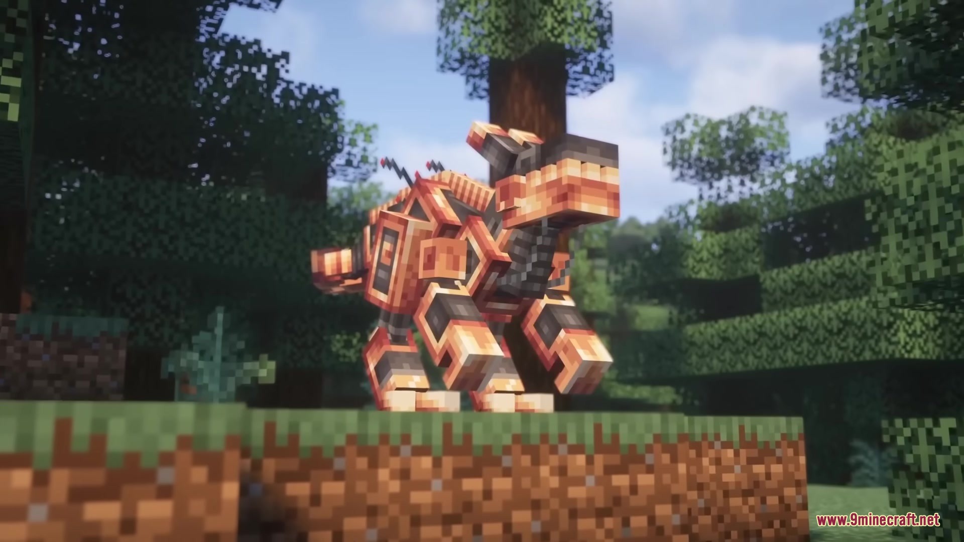 Robot Dinos Mod Screenshot 1 A mechanical dinosaur stands in a lush green Minecraft forest biome