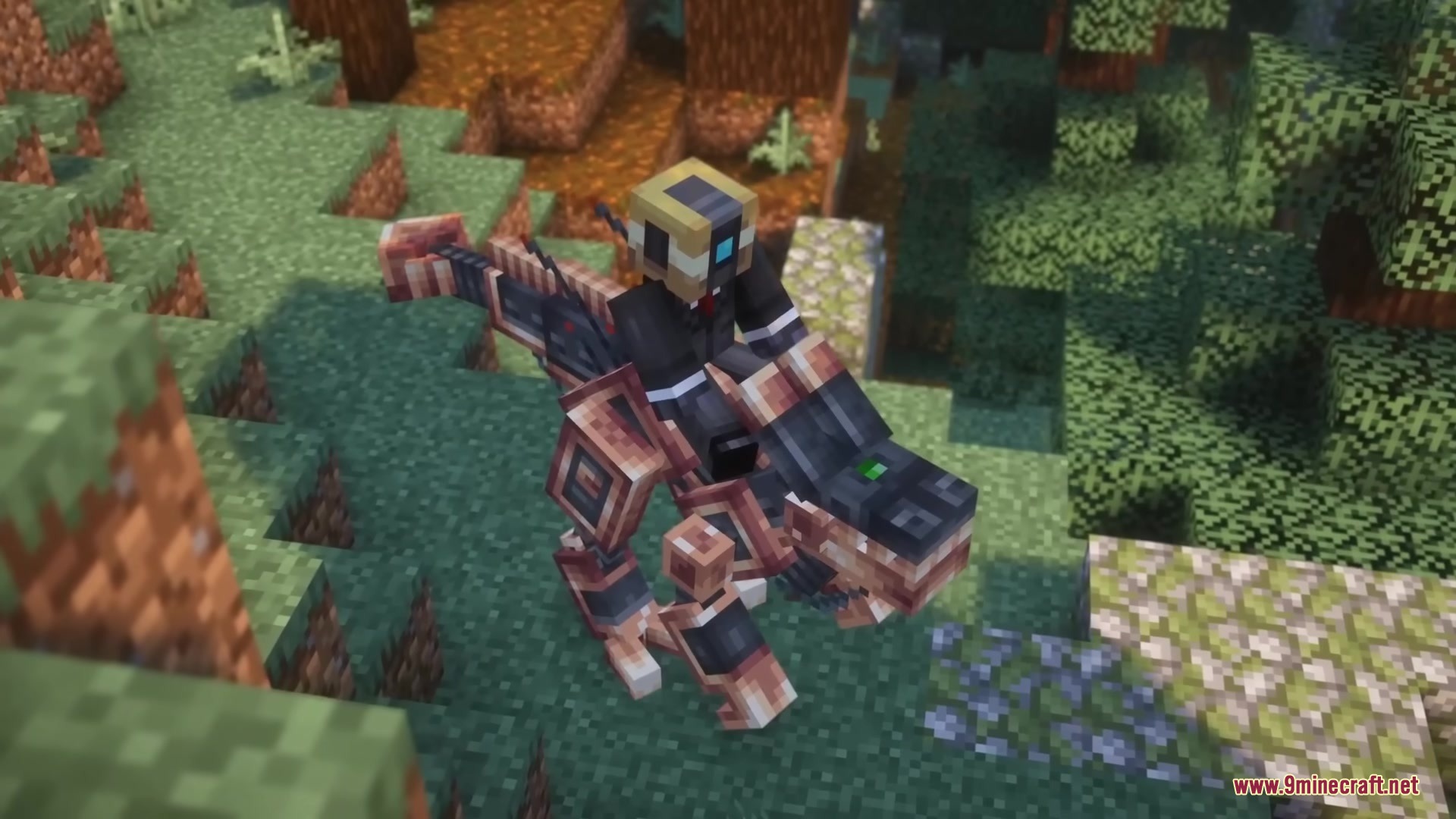 Robot Dinos Mod Screenshot 10 Overhead view of a player riding a custom robotic dinosaur on stone