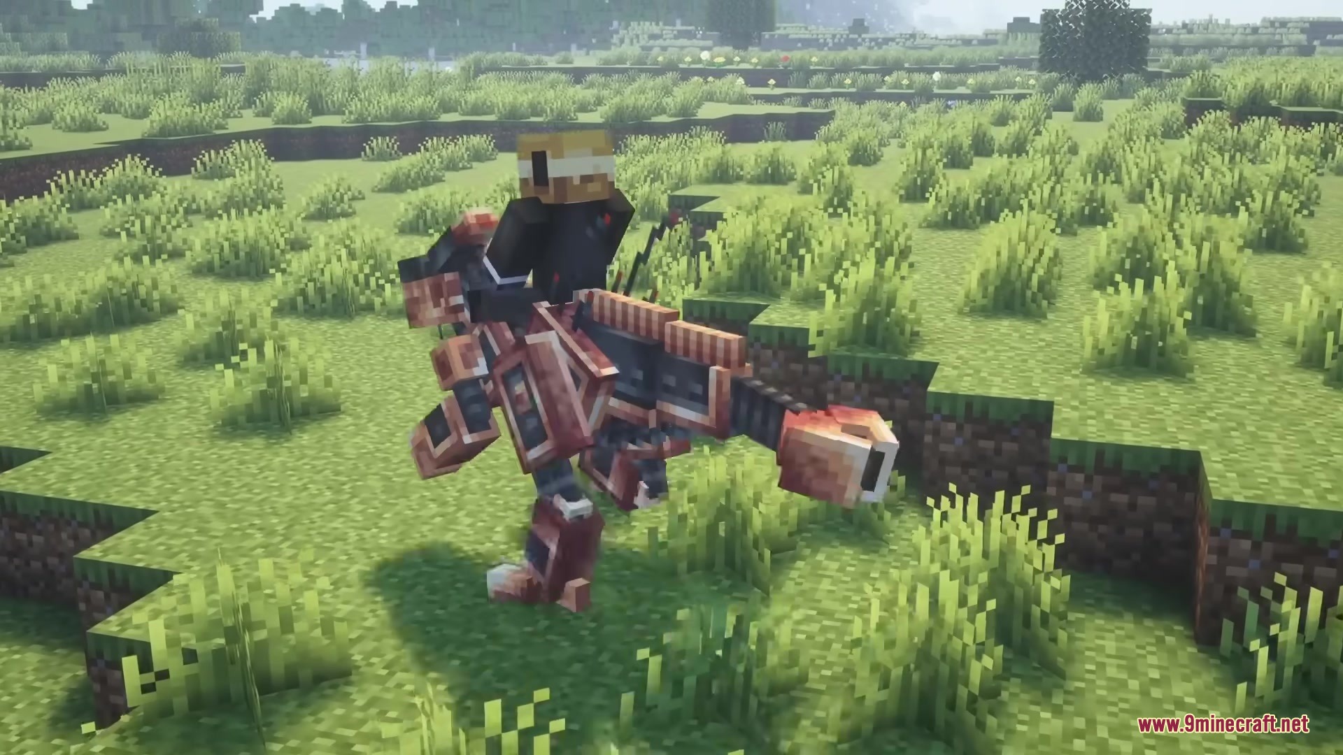 Robot Dinos Mod Screenshot 11 Player riding a custom mechanical dinosaur through a grassy field