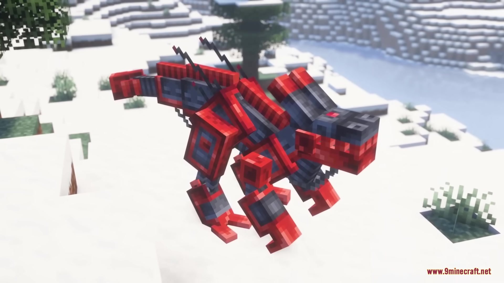 Robot Dinos Mod Screenshot 12 Red mechanical dinosaur standing on snow in a winter biome
