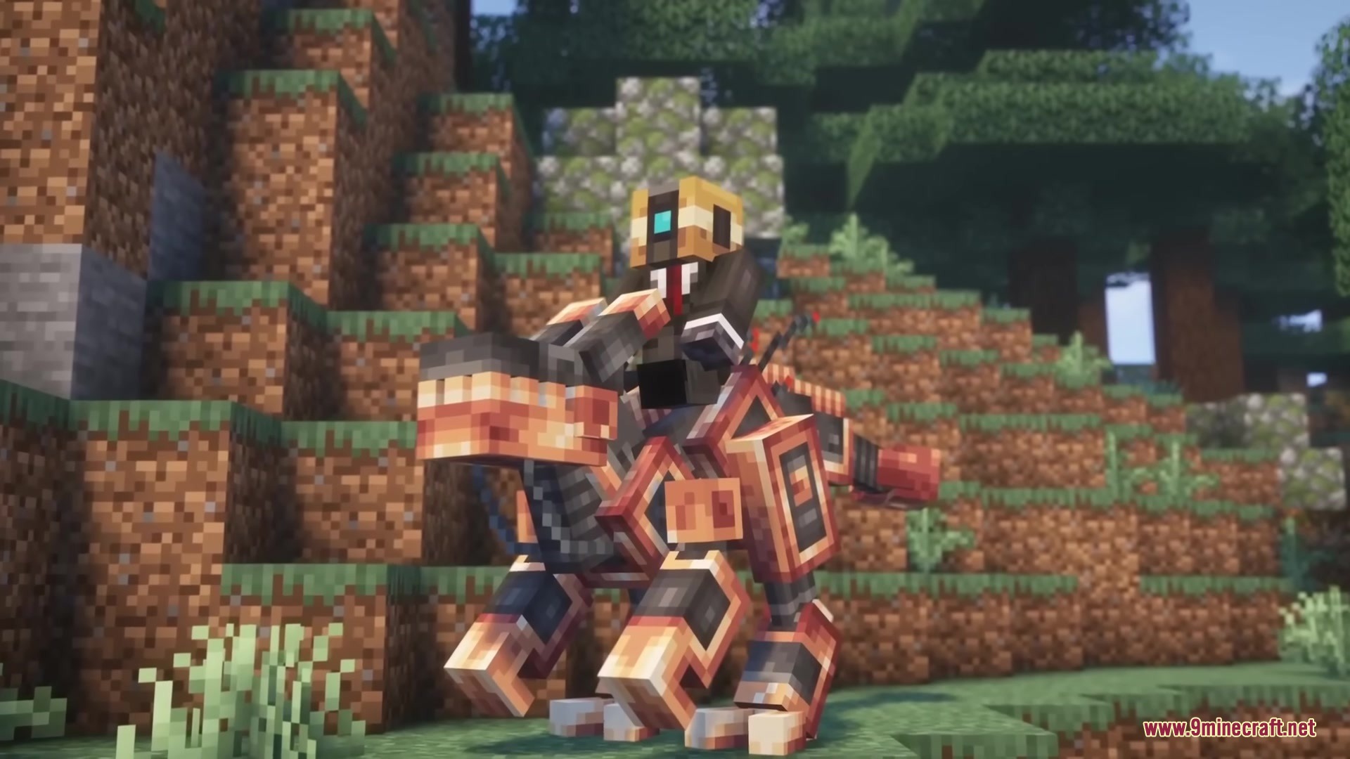 Robot Dinos Mod Screenshot 13 Player riding a mechanical dinosaur mount through a hilly forest biome