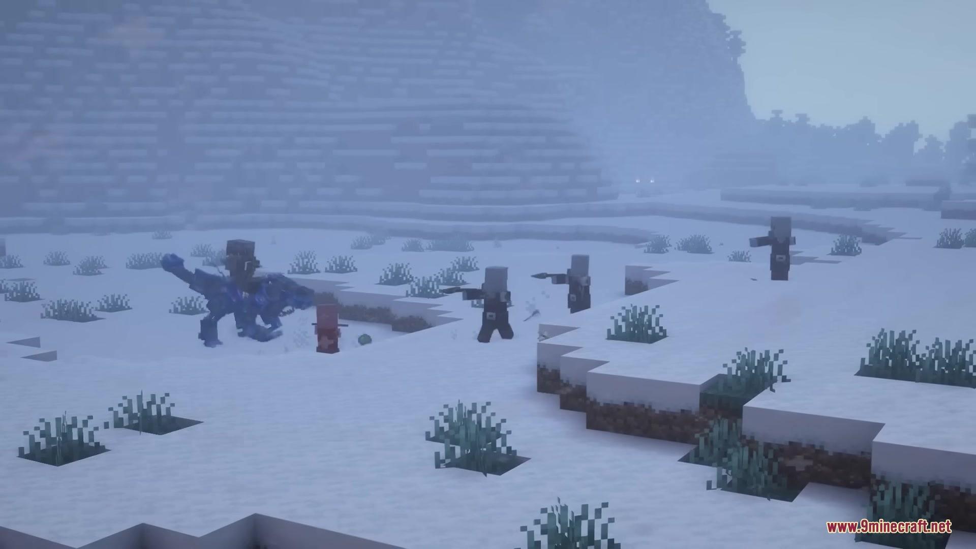 Robot Dinos Mod Screenshot 14 Blue mechanical dinosaur attacking pillagers in a snowy Minecraft landscape