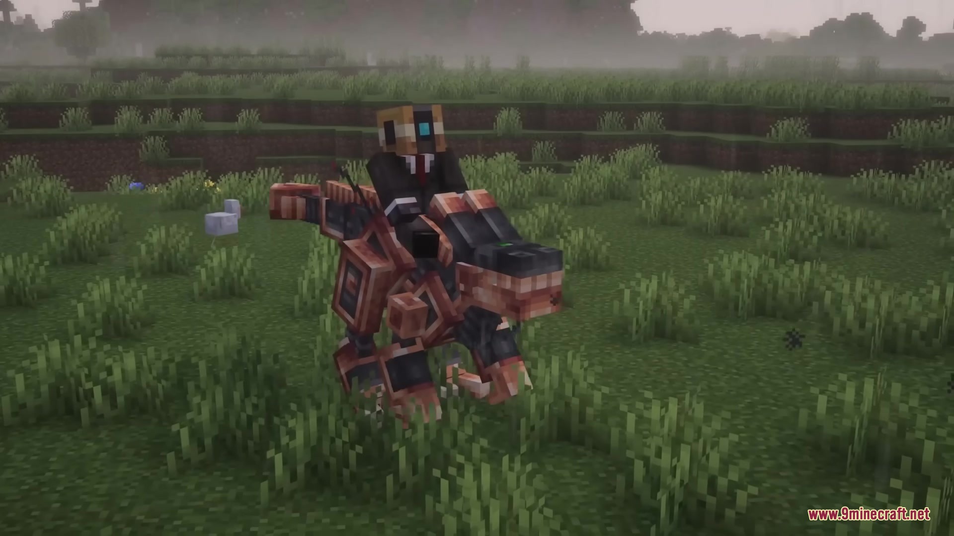 Robot Dinos Mod Screenshot 15 A player riding a mechanical dinosaur across a grassy Minecraft field