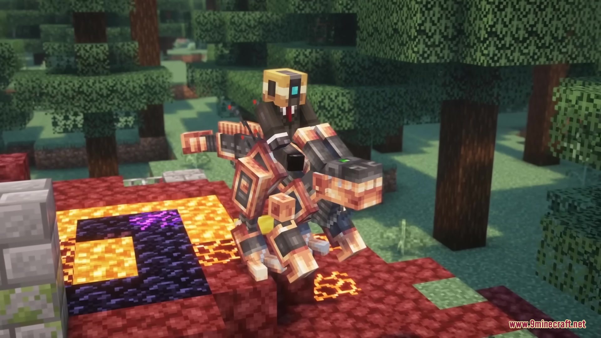 Robot Dinos Mod Screenshot 2 A player rides a mechanical dinosaur mount near a glowing Nether portal