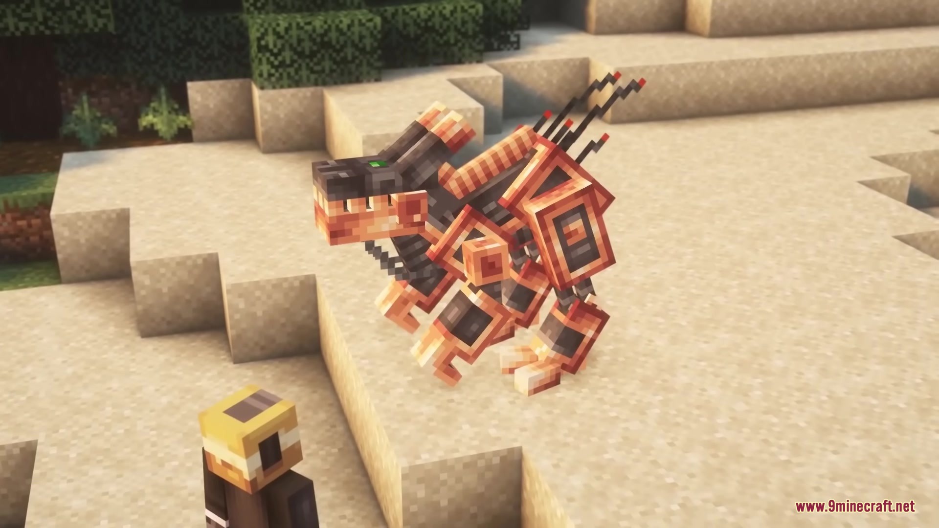 Robot Dinos Mod Screenshot 3 Mechanical dinosaur standing on sand blocks in a Minecraft world