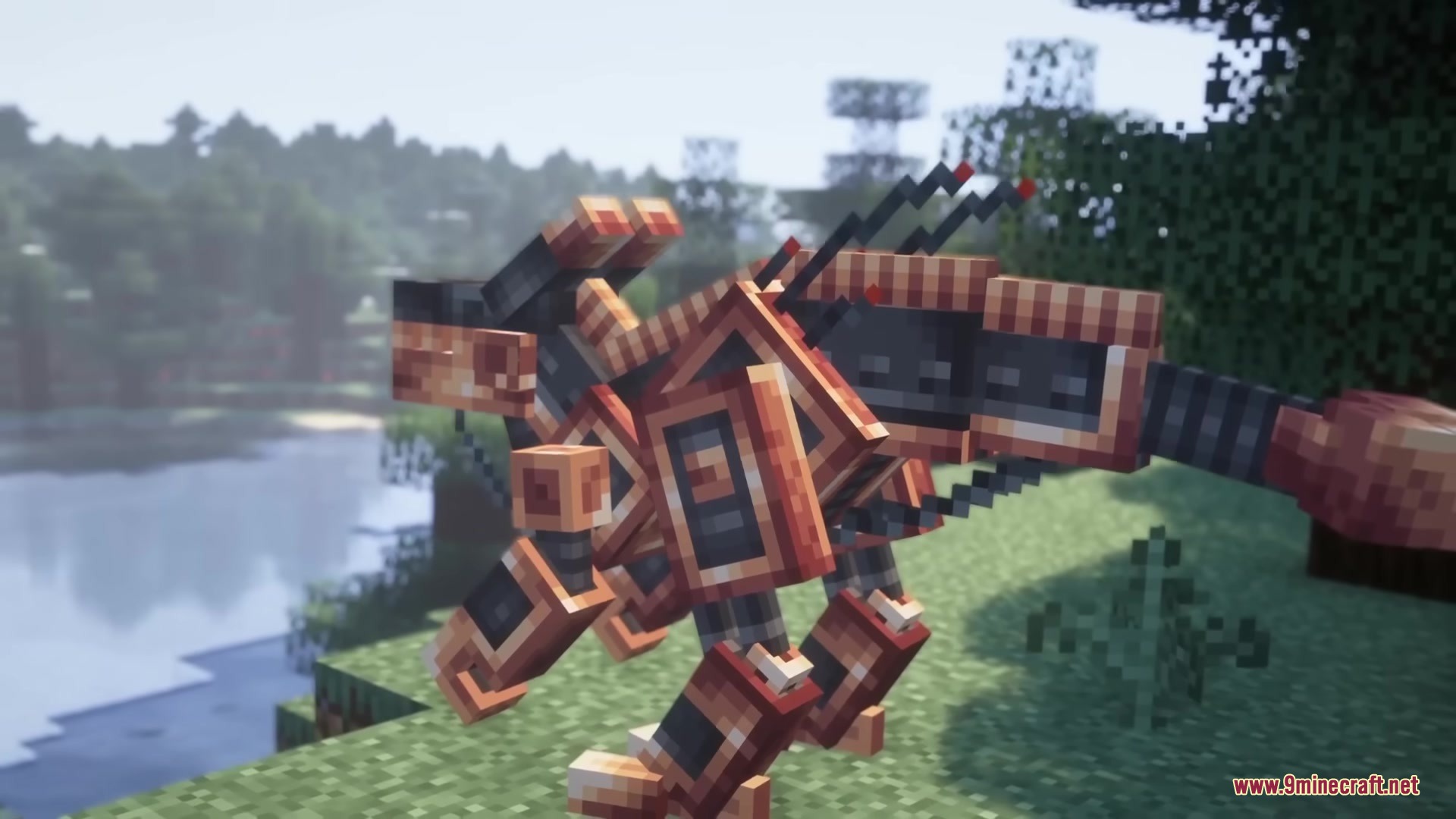 Robot Dinos Mod Screenshot 5 A mechanical dinosaur stands near a river in a Minecraft world